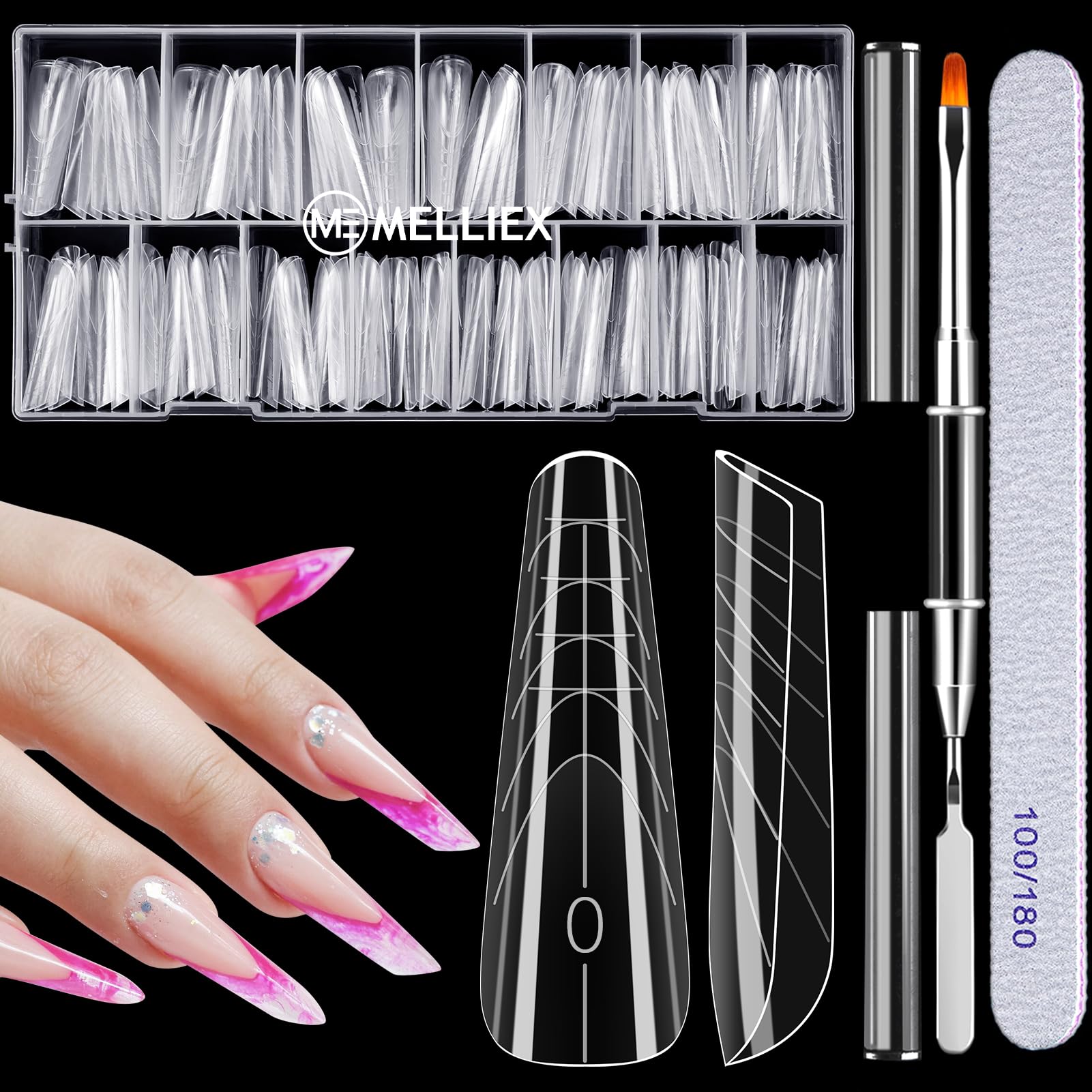 MELLIEX 150 sztuk Formy do paznokci zestaw, przezroczyste rozszerzenie Poly Gel Dual Shape Gel UV narzędzia do manicure do przedłużania paznokci profesjonalne (15 rozmiarów)
