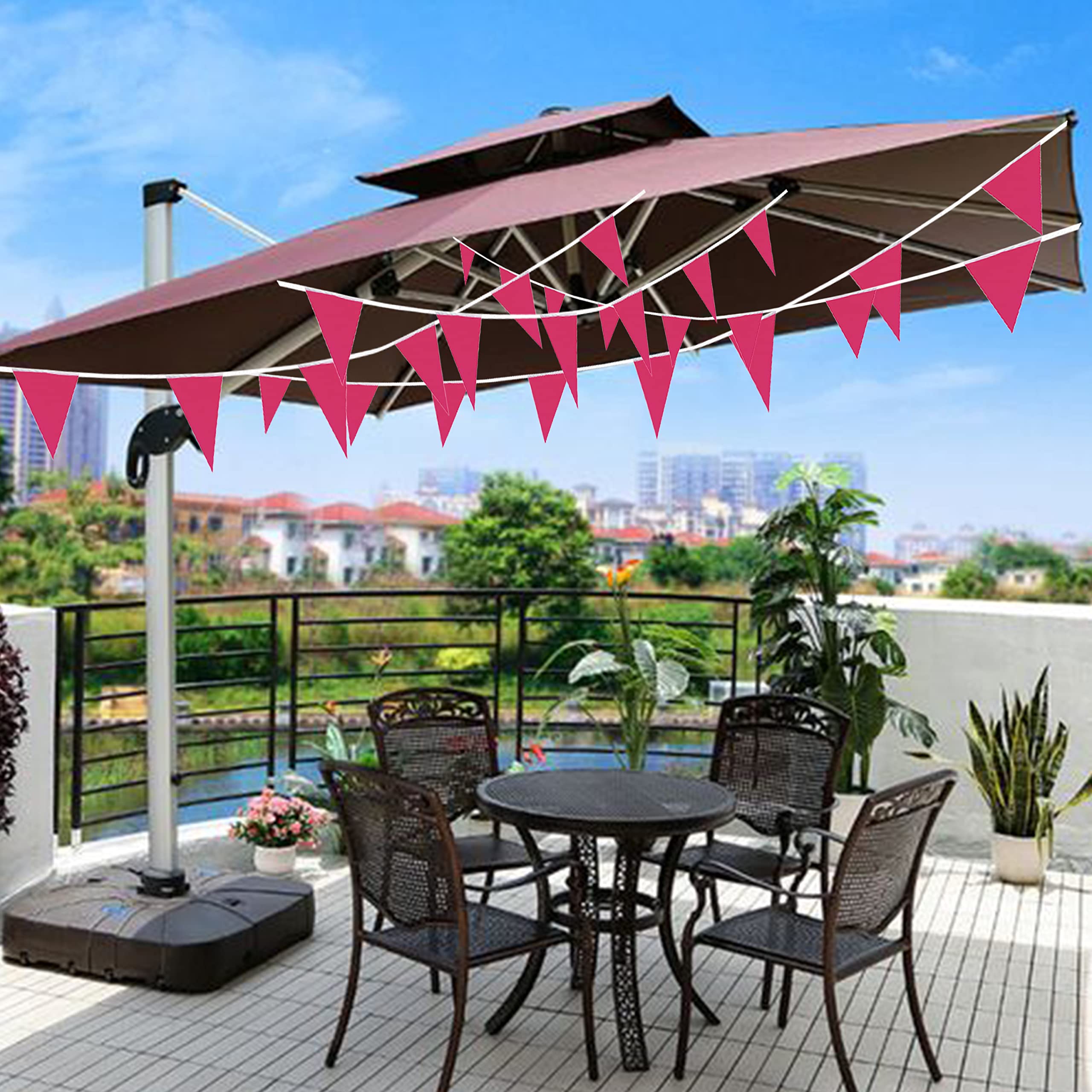 Consummate Banderas de banderín rosa de 100 pies, banderines triangulares colgantes para gran apertura, cumpleaños de niños, decoraciones de fiesta, 60 unidades