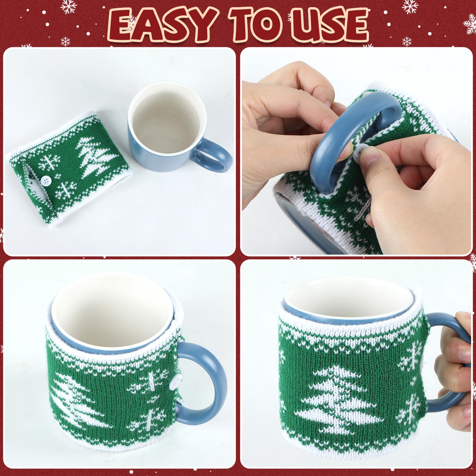 8 tazas de café de Navidad acogedoras tazas de café de punto taza de café suéter funda reutilizable ganchillo café y té calentador taza con botones taza de café de invierno decoración para bebedor de