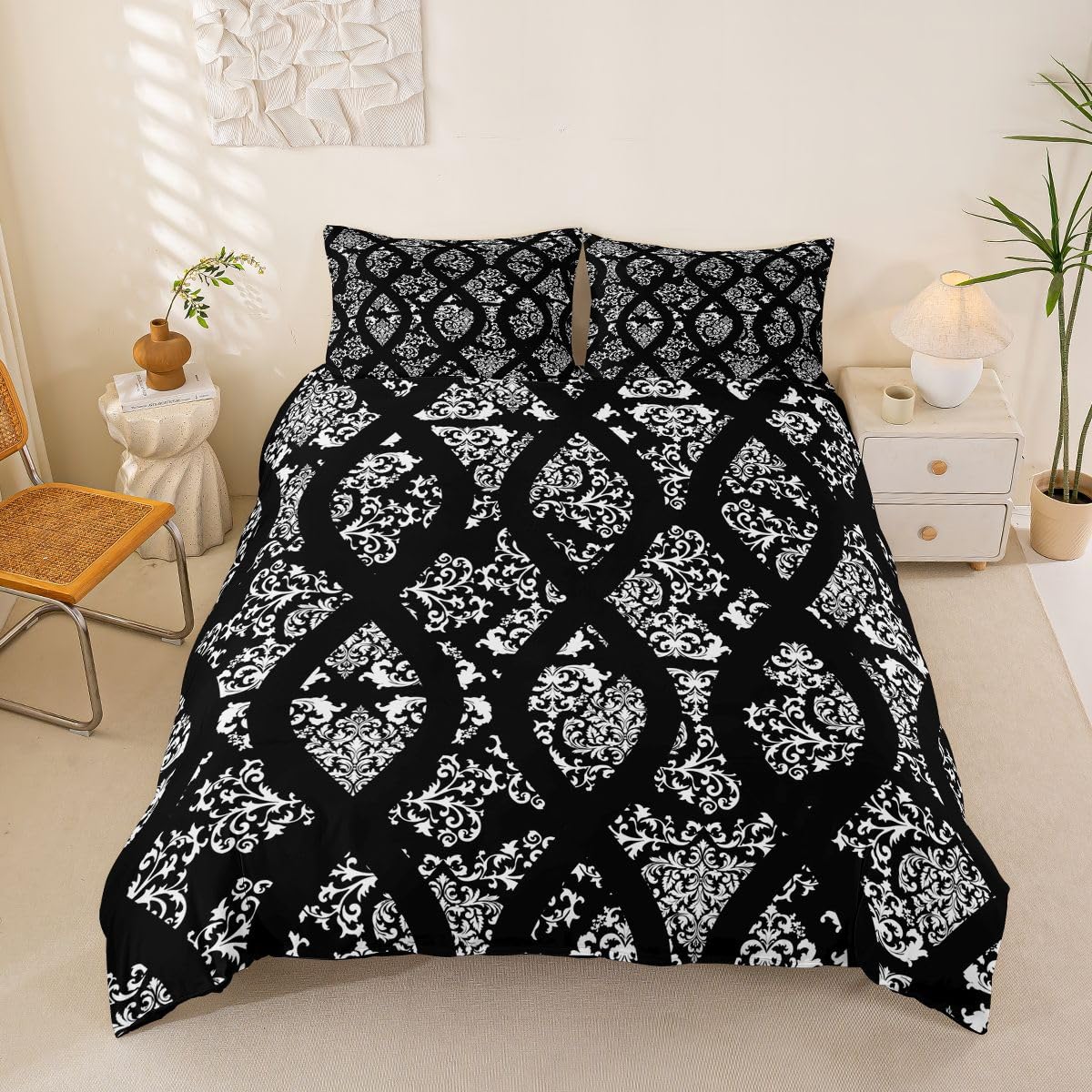 Homemissing Damask Jacquard Duvet Cover Set King Size for Kids Boys Girls Vintage Damask Floral Bedding Set Gothic Bohemia Floral Duvet Cover with 2 Pillowcases Oriental Antique Bedding — image 1