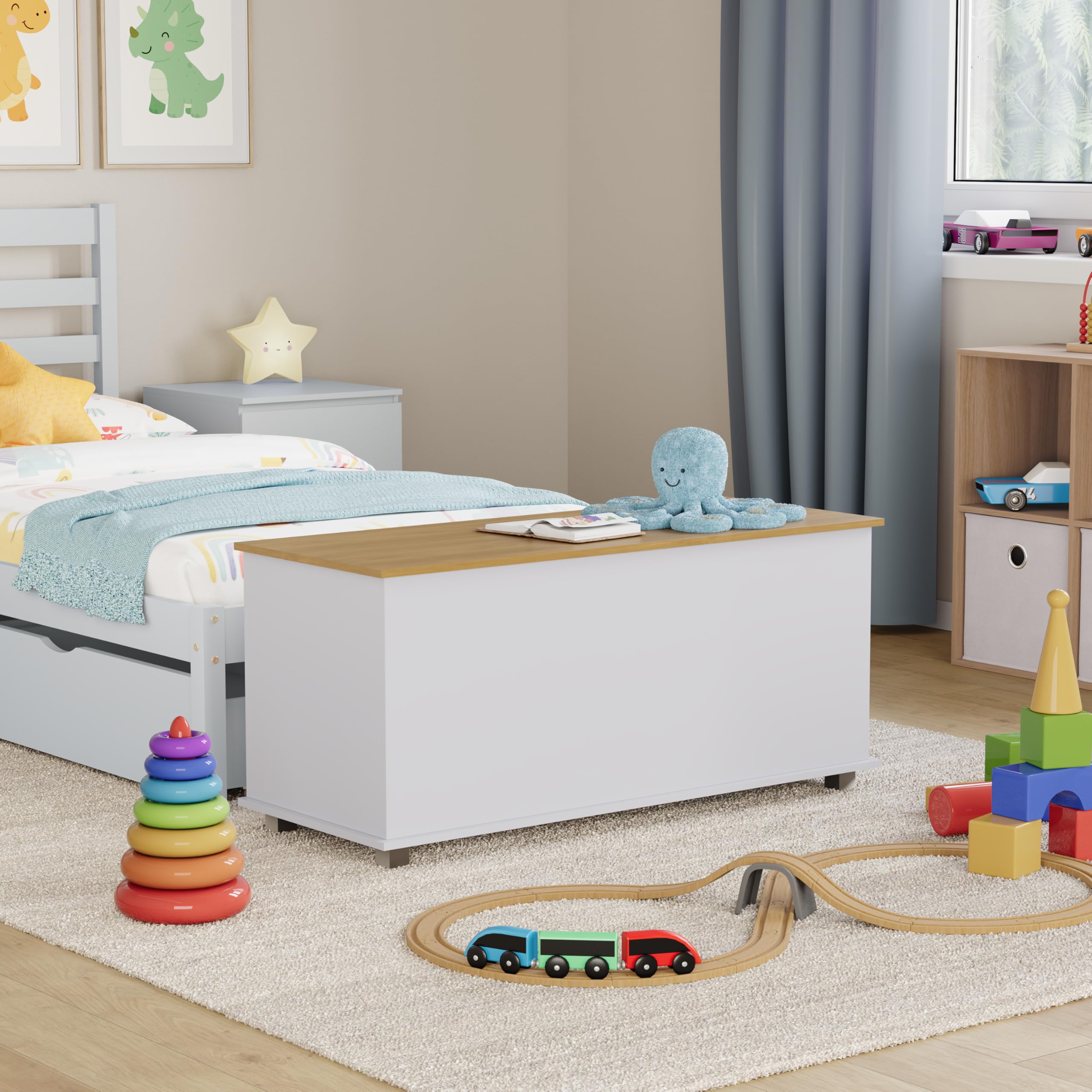 Vida Designs Arlington - Caja de Juguetes de Madera en Color Blanco, 100 x 40 x 48 cm, otomana de Almacenamiento con Tapa elevable, Ideal para Juguetes, Ropa de Cama y reposapiés