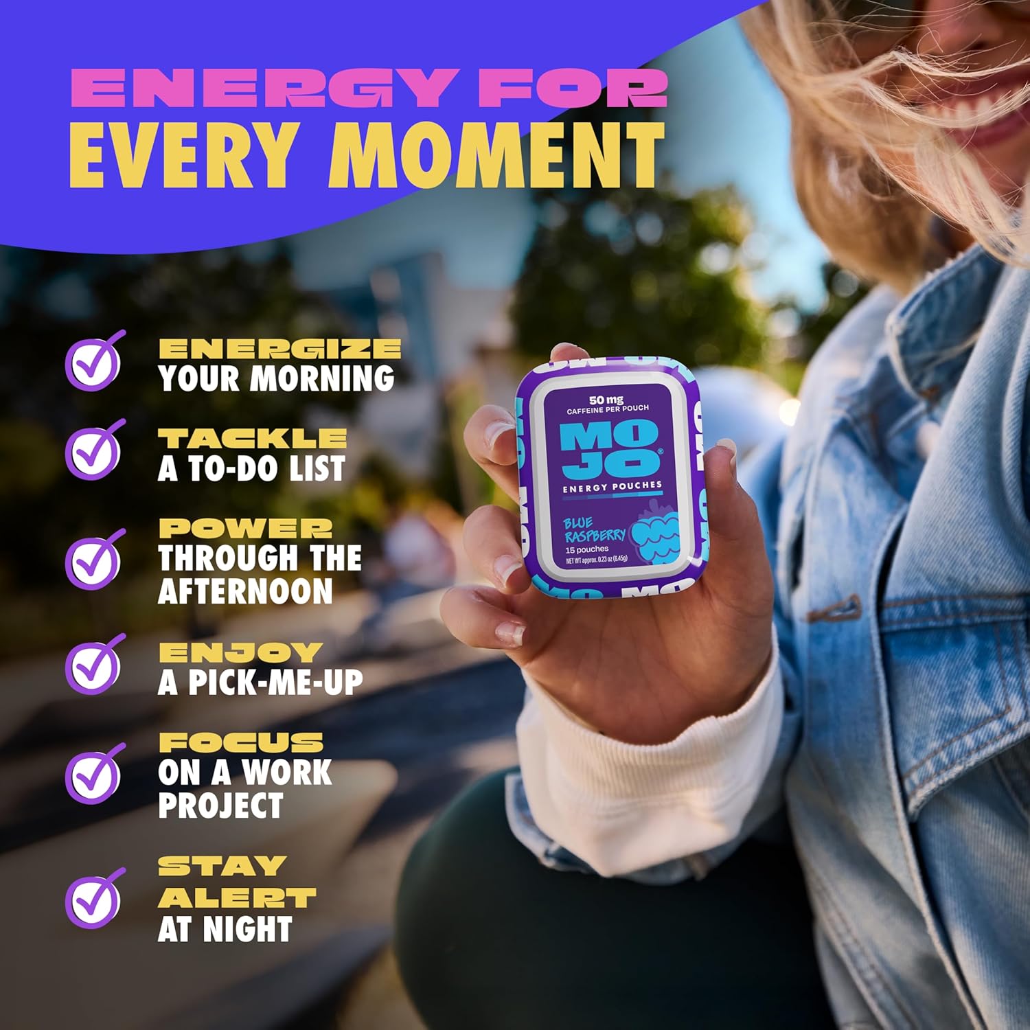 MOJO Energy Pouches Blue Raspberry Flavor, 50 mg per Caffeine Pouch, 15 Pouches, 5-Pack