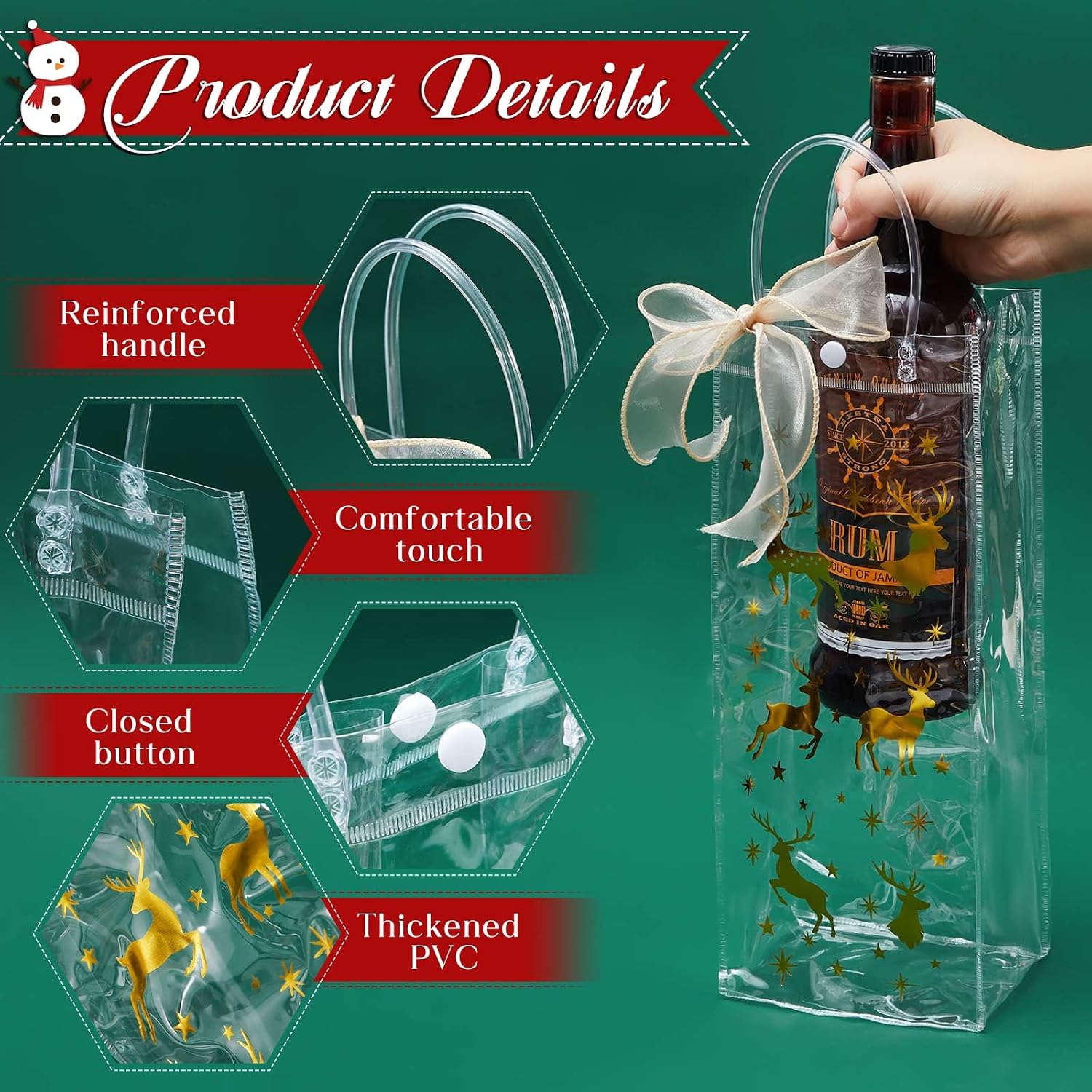 Henoyso 24 Pcs Gold Foil Christmas Wine Gift Bags Bulk Holiday Wine Bottle Covers, Christmas Clear Gift Bags with Handles and Bow Ribbon for Xmas Wedding Engagements Party, 13 x 5 x 4 Inches