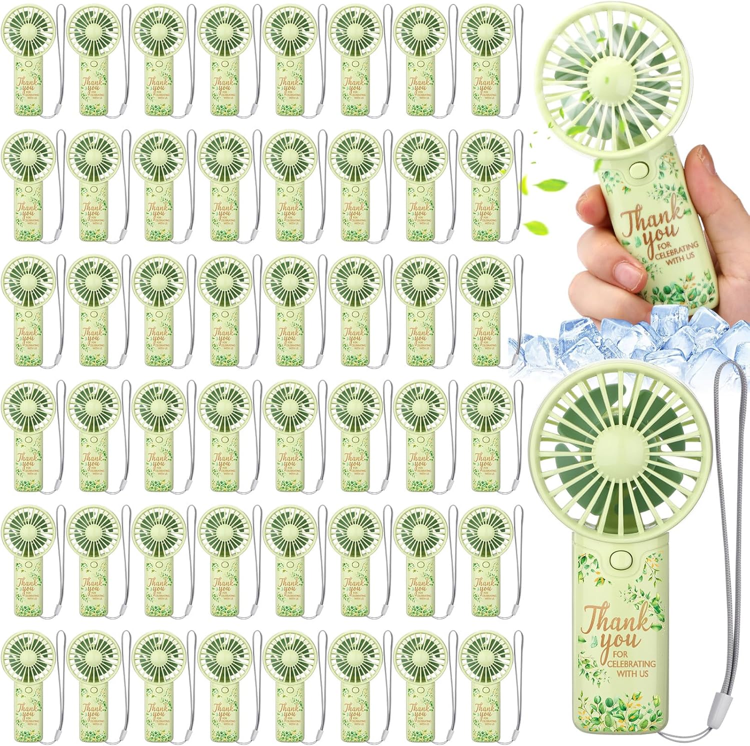 VIHOSE 50 Pcs Handheld Fans for Wedding Guests Bulk, Portable Electric Personal Fans with Thank You Print Ceremony Bridal Shower Party Supplies, Battery Not Include(Leaf,Green)