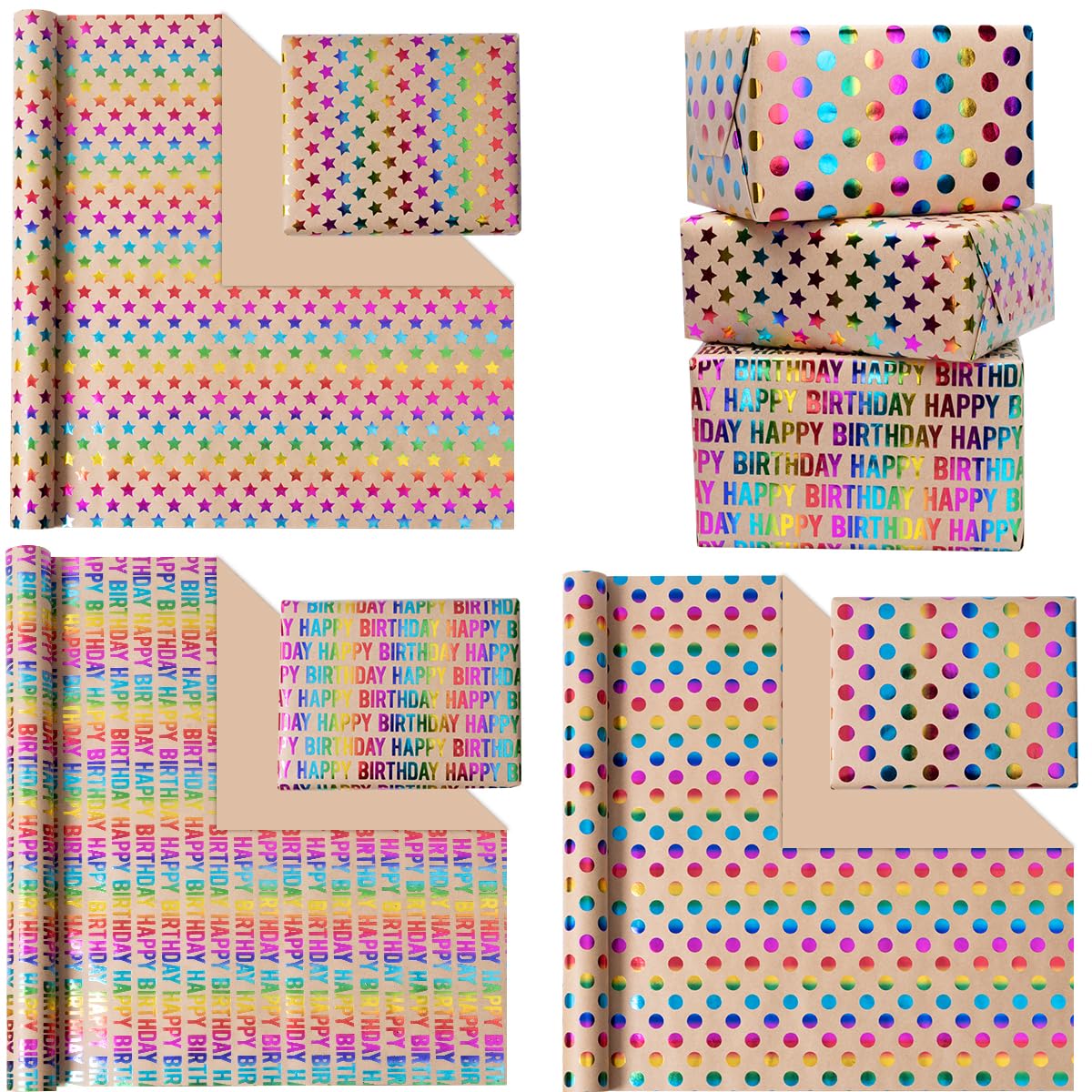 Carta Regalo Compleanno Rotoli 43 cm × 3 m, Carta Kraft Riciclata Robusta Marrone Con Effetto Scintillante, Adatto Adulti e Bambini, Ideale Per Regali di Compleanno, Feste e Matrimoni (3