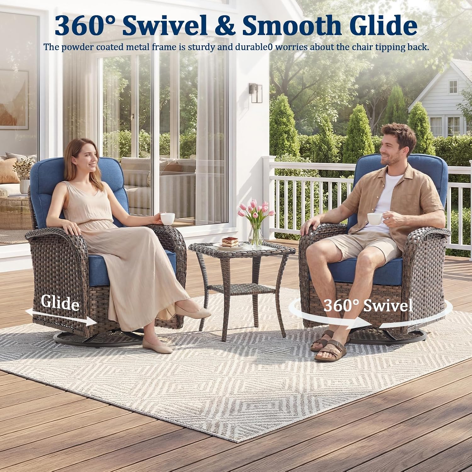 Outdoor Swivel Rocking Chair Patio Set (9pcs) High-Back - Thick Cushion Swivel Rocking Chair Patio with Fire Table Set, All-Weather Wicker Patio Furniture Set, Suitable for Balcony Patios, Brown/Blue