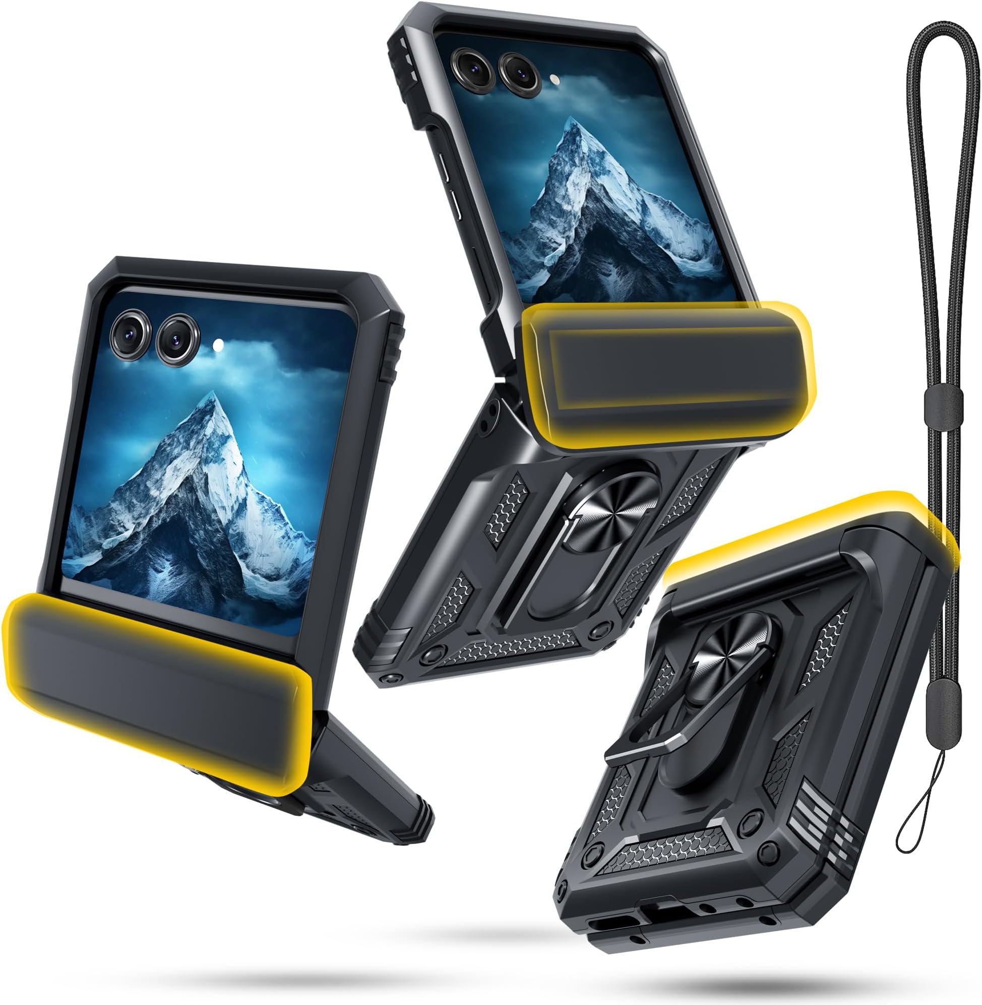 Janmitta Compatible with Moto Razr 2024/2025 Case,Razr+ Plus 2024/2025 Case with Lanyard+Hinge Protection+Finger Ring Holder Kickstand,Dual-Layer Full Body Protective Shockproof Phone Cover,Black