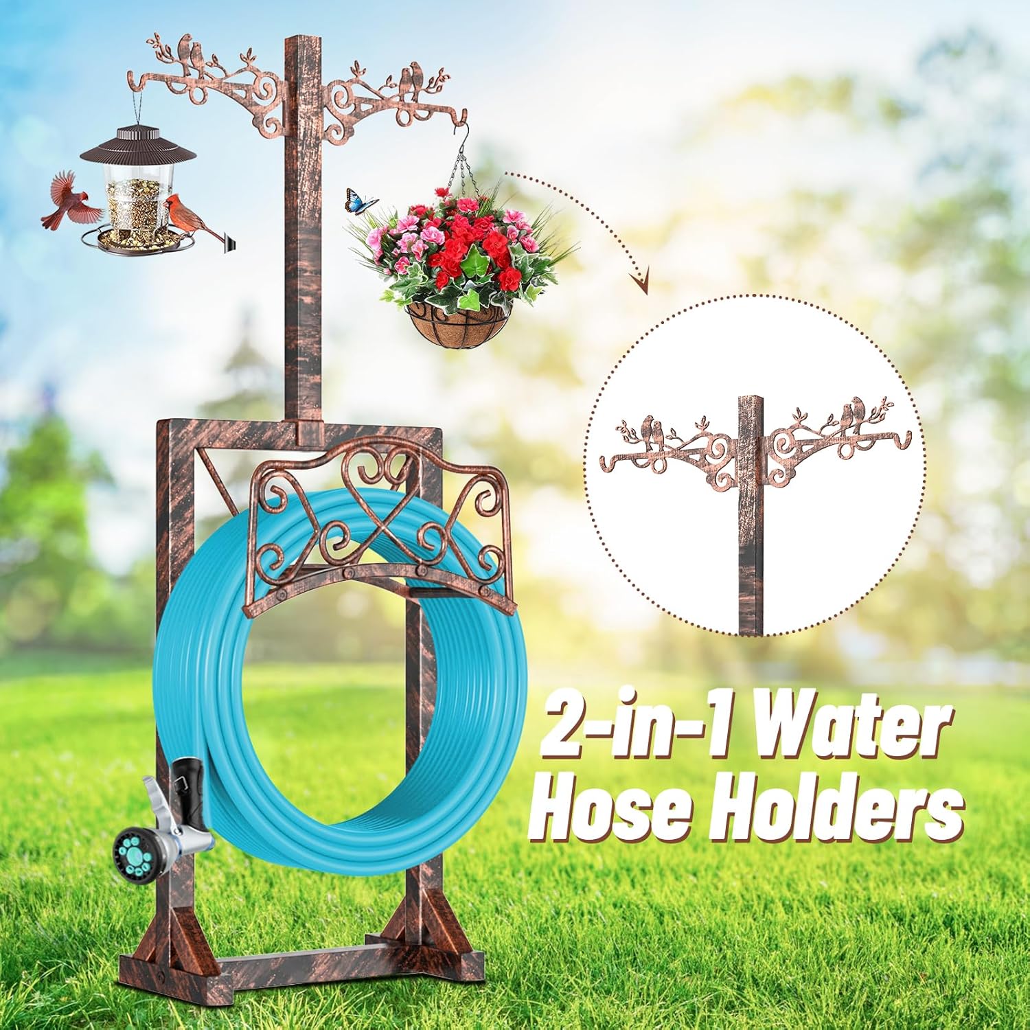 Garden Hose Holder with Shepherds Hooks,Detachable Water Hose Holder Holds 150 FT Hoses Freestanding Hose Reel with 5 Spikes Hoses Hanger Storage Stand for Outside Yard Lawn (Antique Bronze)