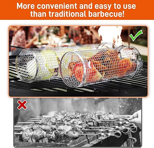 Miniatura 3 de GOTGELIF Paquete de 2 cestas enrollables para parrilla, tubo de red de barbacoa para asar uniformemente y almacenamiento conveniente, cesta de