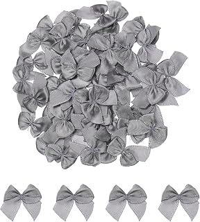 MECCANIXITY 50Pcs Mini Ribbon Bow 1" Mini Fabric Satin Ribbon Flower Bows for Craft DIY Sewing Wedding Birthday Party Grey