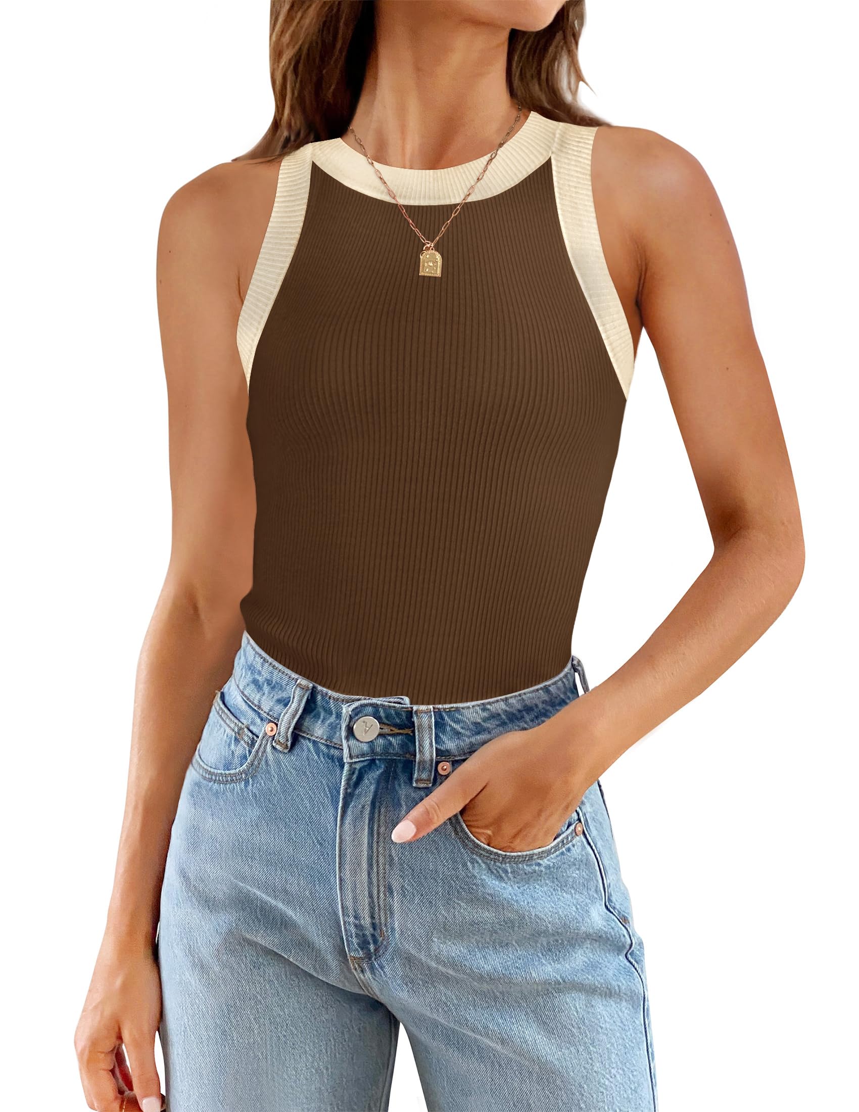 ZESICA Womens Summer Sleeveless Tank Tops Ribbed High Neck Racerback Slim Fitted Color Block Casual Shirts