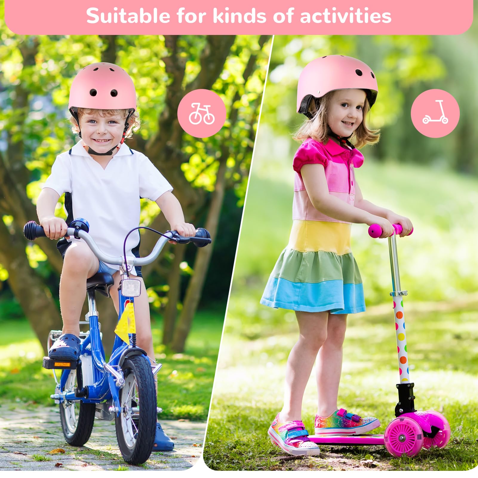 Casco da bambino certificato EN1078 CE, casco da bicicletta per bambini, mentoniera regolabile, riflettente, bicicletta, pattini, include adesivi 3D + borsa (rosa, M)