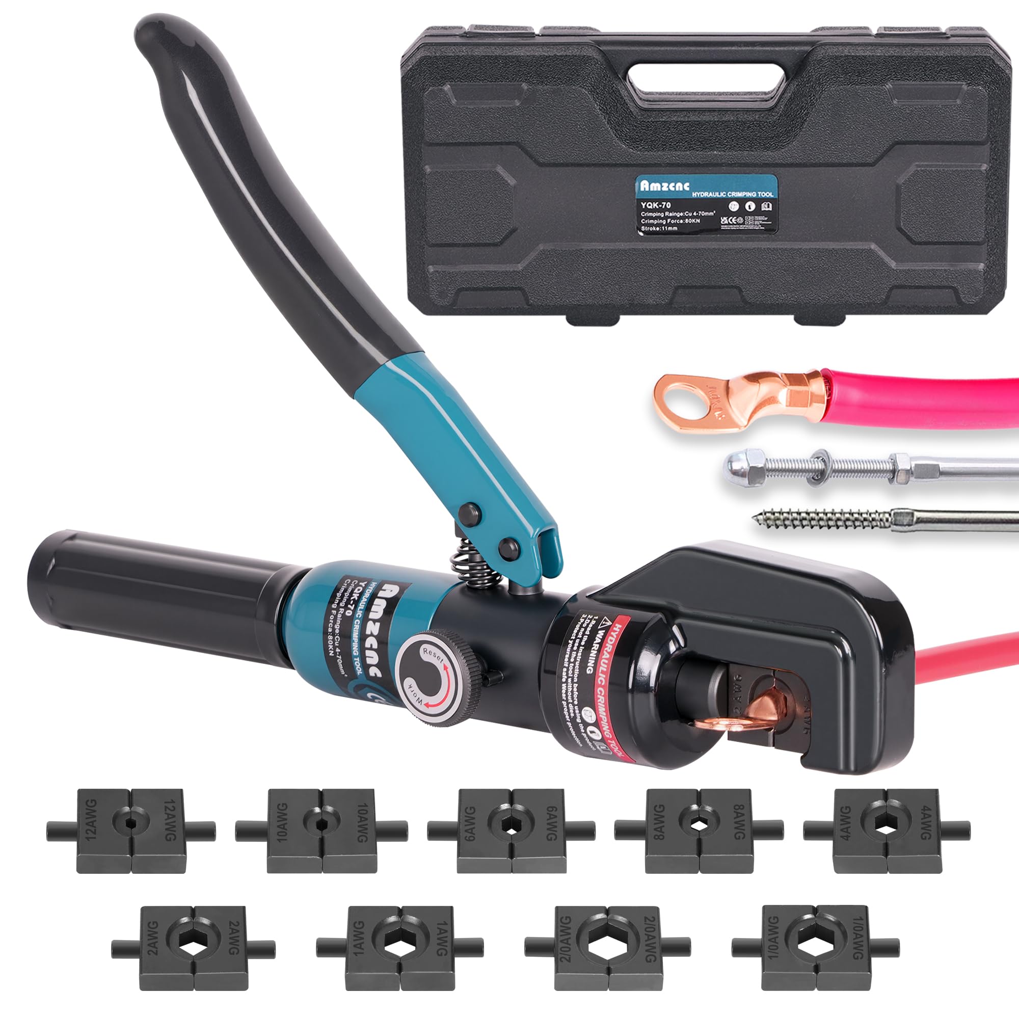 AMZCNC Hydraulic Crimping Tool with 9 Sets of American Standard Dies Battery Terminal Crimper Battery Cable Crimper (Standard US 12 AWG to 2/0 AWG)