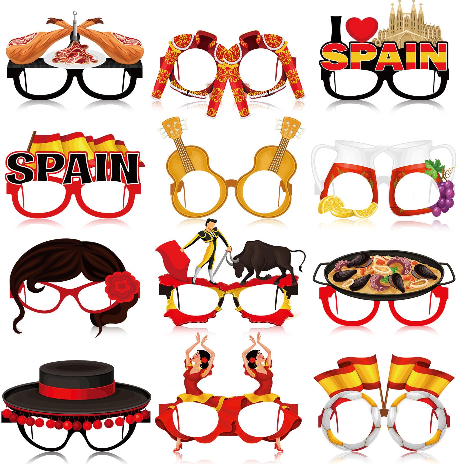 36 Pcs Spain Party Decorations Spanish Theme Eyeglasses Spain Paper Glasses Frame Photo Booth Props Spanish Party Favors for Fiesta España Birthday Baby Shower Supplies