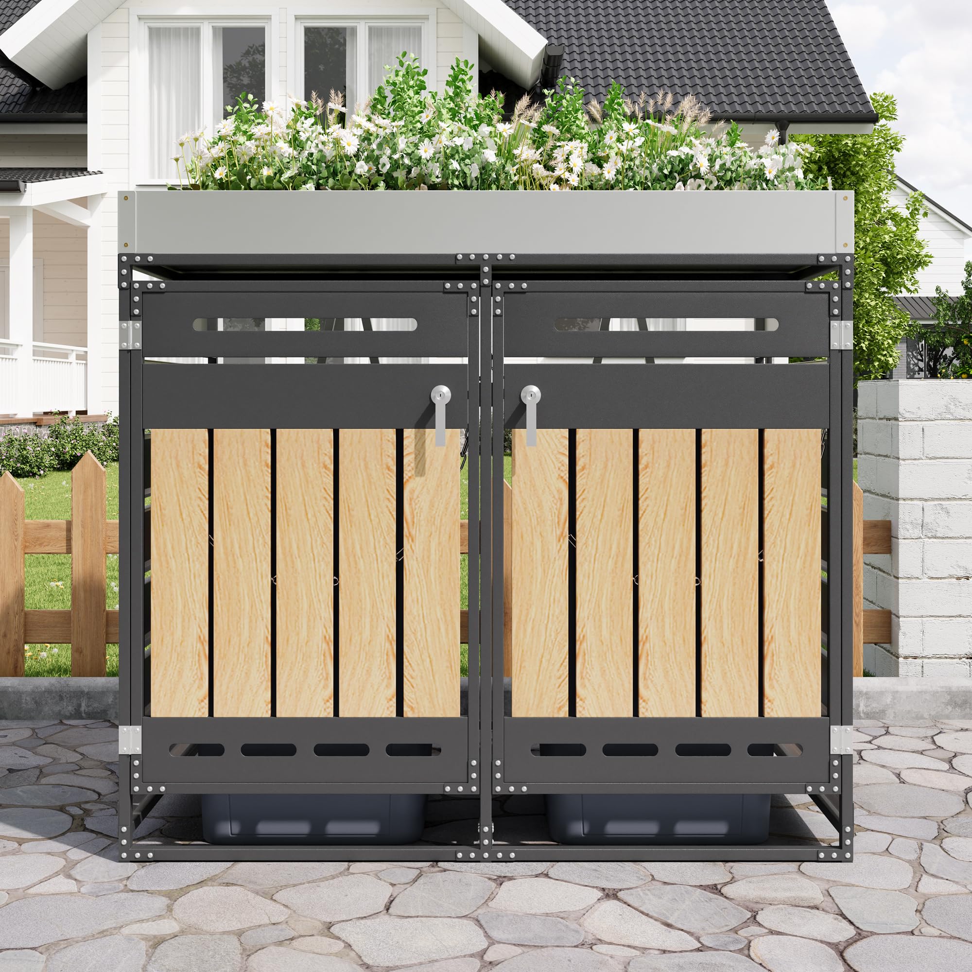 Merax Cubo de basura con 2 puertas, con jardinera, armario de almacenamiento de hierro para jardín, revestimiento de cubo de basura con cerradura para 2 toneladas, resistente a la intemperie y a la