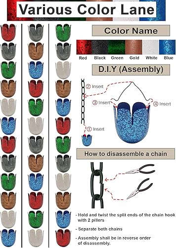 Miniatura 4 de Cadenas de lluvia multicolor de 8.5 pies para canalón y barril de lluvia, cadena de lluvia de hierro chapado resistente al óxido, reemplazo