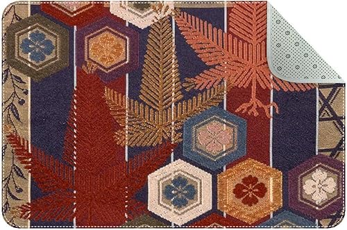 Area Rugs for Bedroom Living Room Carpet Washable Rug Indoor or Outdoor Rugs, Japanese Hexagon Square Flower Maple Leaf Vintage
