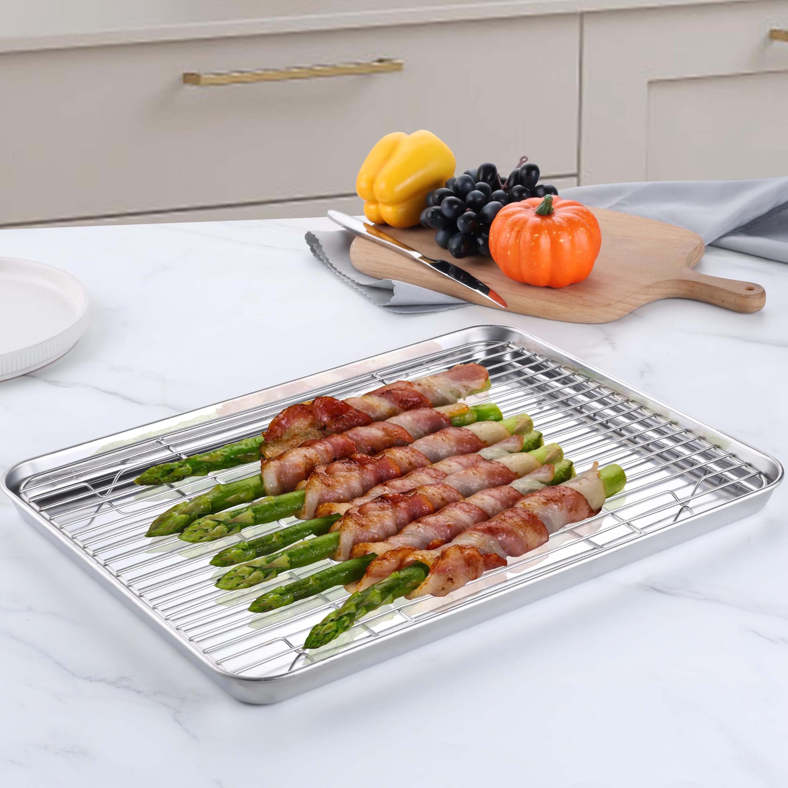 Homikit Plaque de cuisson avec grille de cuisson, 45,7 x 33 cm, demi-feuilles antiadhésives pour cuisson avec grille de refroidissement, ustensiles de cuisson en acier inoxydable pour four