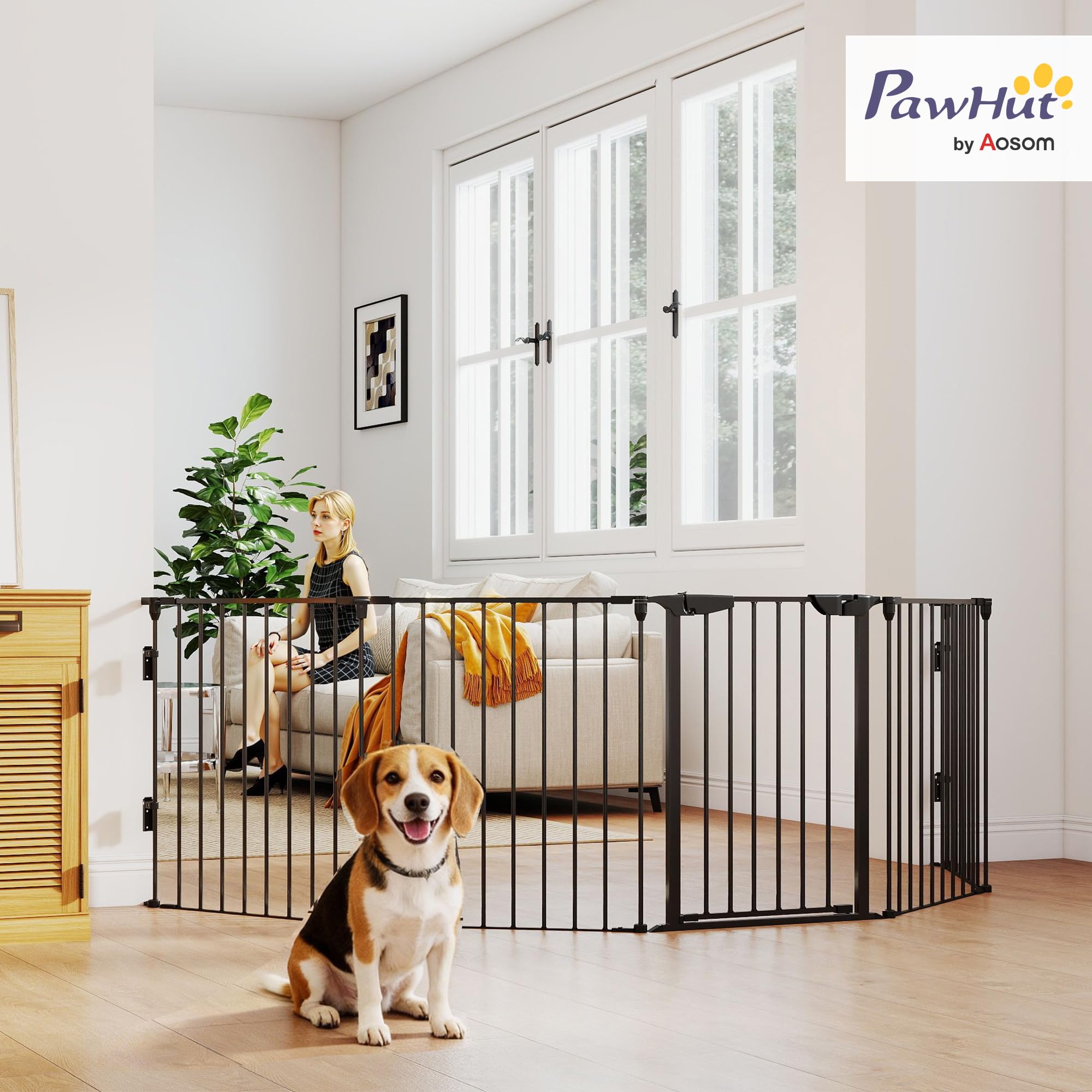 PawHut Barrière de sécurité Parc enclos Chien modulable Pliable Porte intégrée 300L Max. x 74,5H cm métal PP Noir