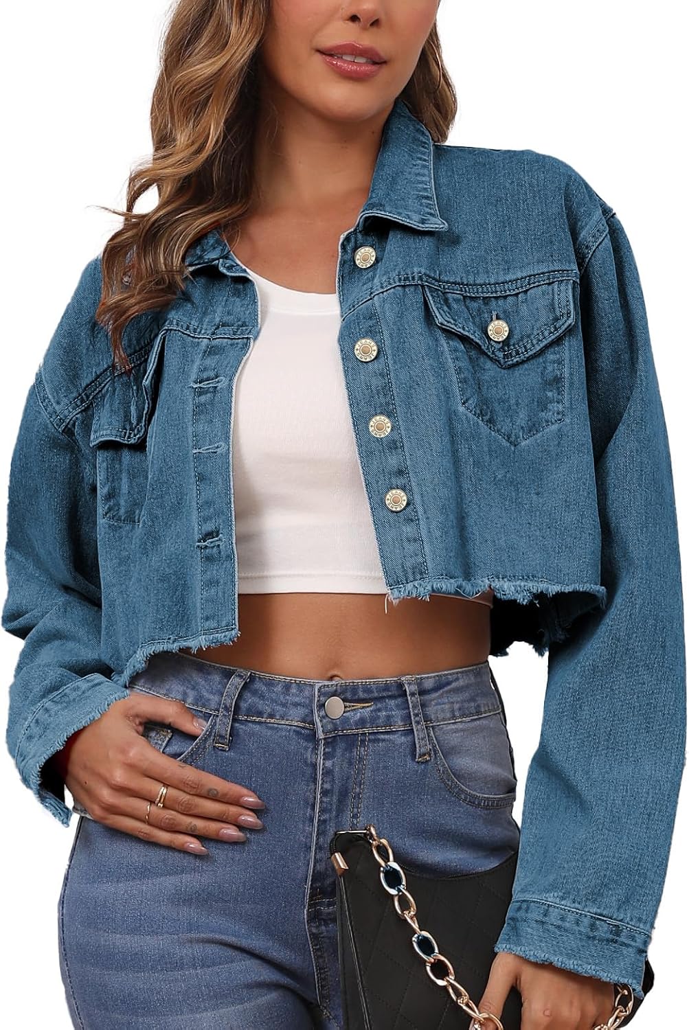 BubFee Jean Jacket for Women Cropped Denim Jackets Button Down Long Sleeve Fitted Crop Top Frayed Hem Jean Coat