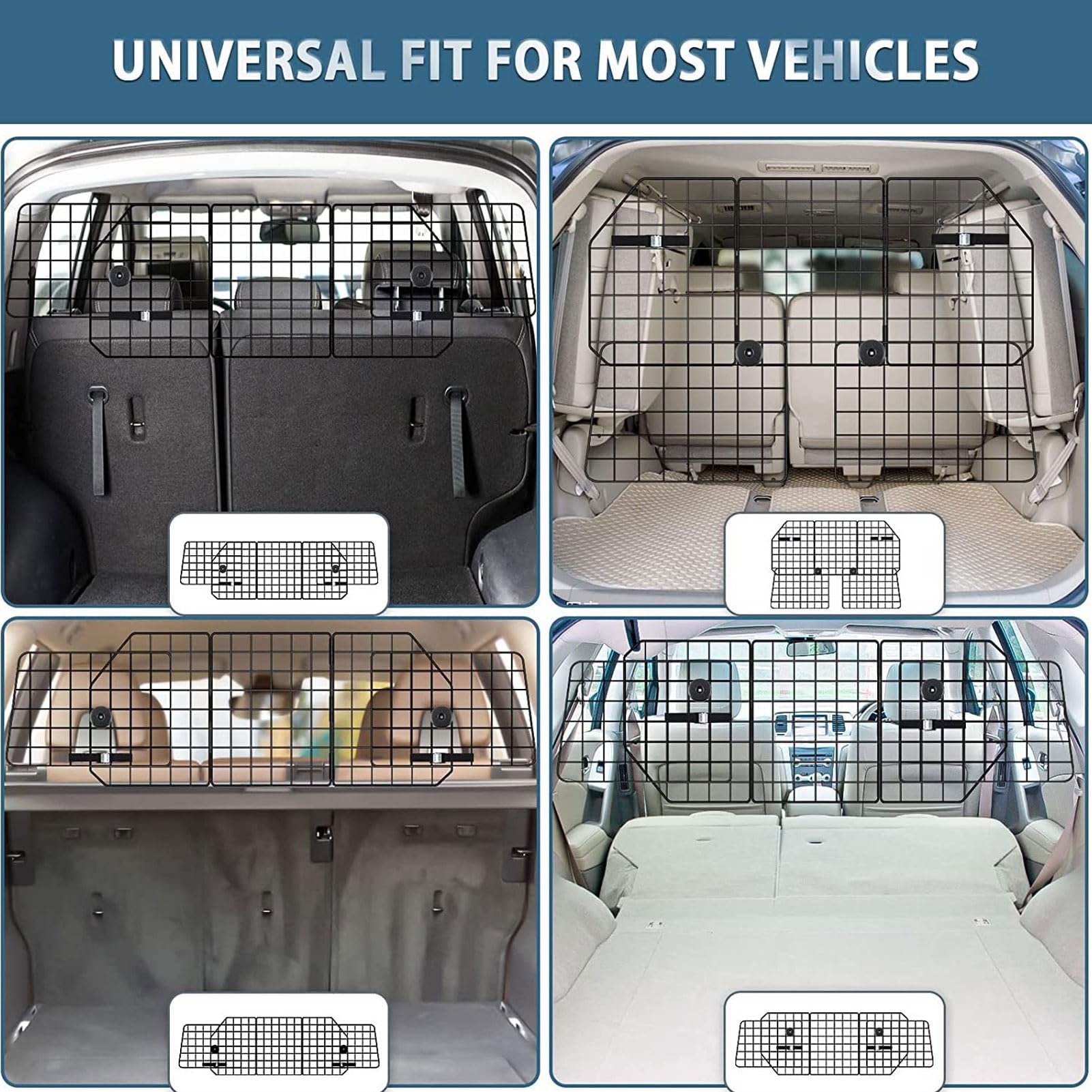 YedaHcy Dog Car Barrier, Safe Driving Adjustable Iron Area Wire Mesh Pet Guard Divider Gate, for SUV Van Vehicle, Black Trifold Design with Extension Panels