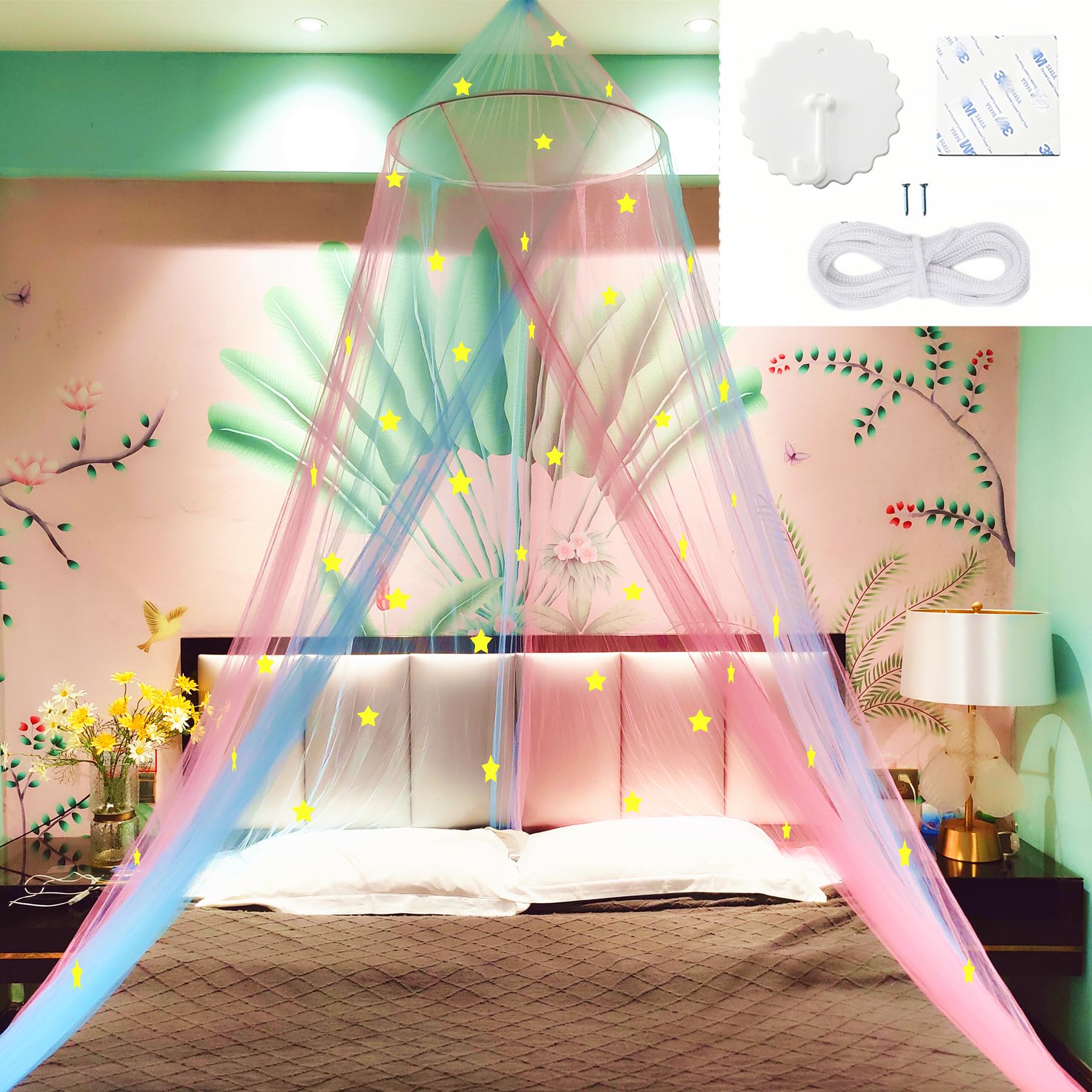 Eimilaly Two-tone Bed Canopy Stars Glow in the Dark Pink Blue, Mosquito Net Bed Canopy for Girls Room Decor Single Door - Image 3