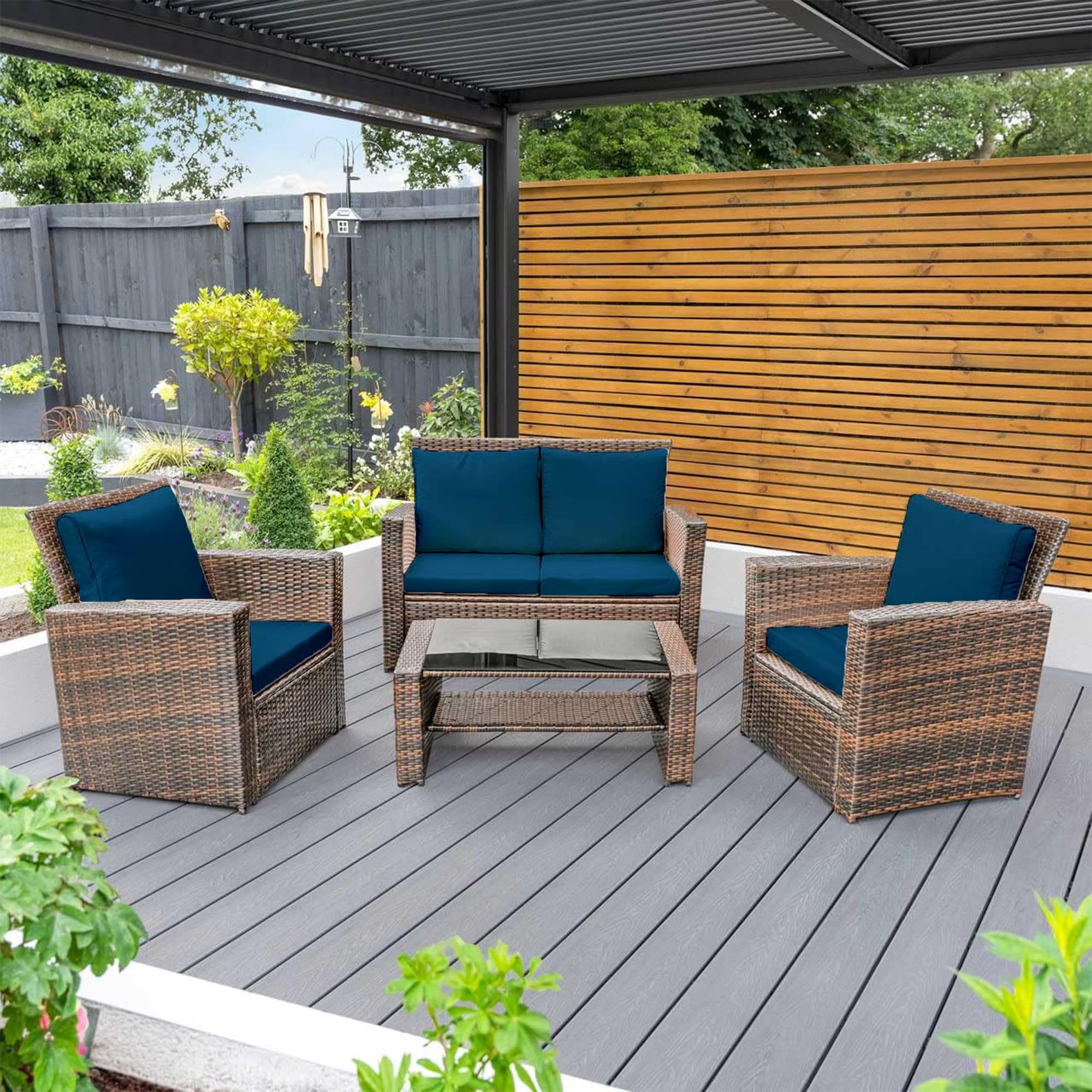 Outdoor replacement Keter Allibert California rattan cushions water resistant, comfortable, and lightweight cushion pads, perfect for your patio armchairs (Navy Blue, 2 Seater Sofa - 4 Pieces)
