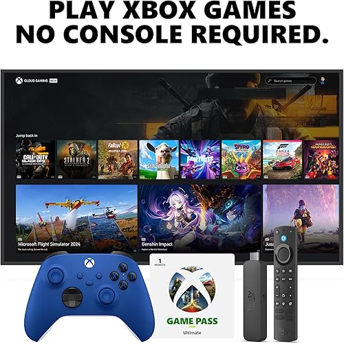 Amazon Fire TV Stick 4K Max, Shock Blue Core Wireless Controller, and 1 Month Game Pass Ultimate Bundle