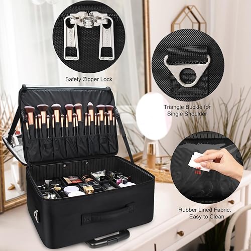 Miniatura 6 de MONSTINA Estuche de tren de maquillaje rodante, bolsa de peluquería de belleza profesional de cosméticos con correa para el hombro, Negro -, Estuche