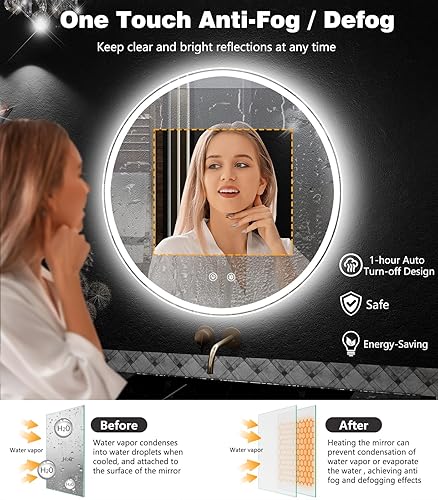 Miniatura 5 de Espejo de baño LED de 28 pulgadas espejo de tocador redondo con luces, regulable y cambio de 3 colores, retroiluminación y luz delantera, vidrio