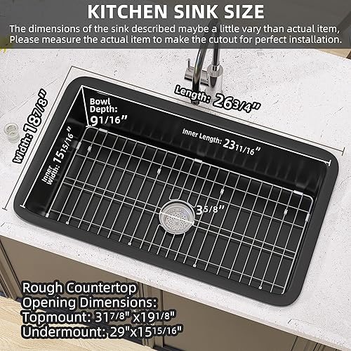 Miniatura 8 de GETPRO Fregadero de cocina negro de 27 x 19 pulgadas, fregadero de cocina de montaje superior y empotrado, fregadero de cocina de doble montaje