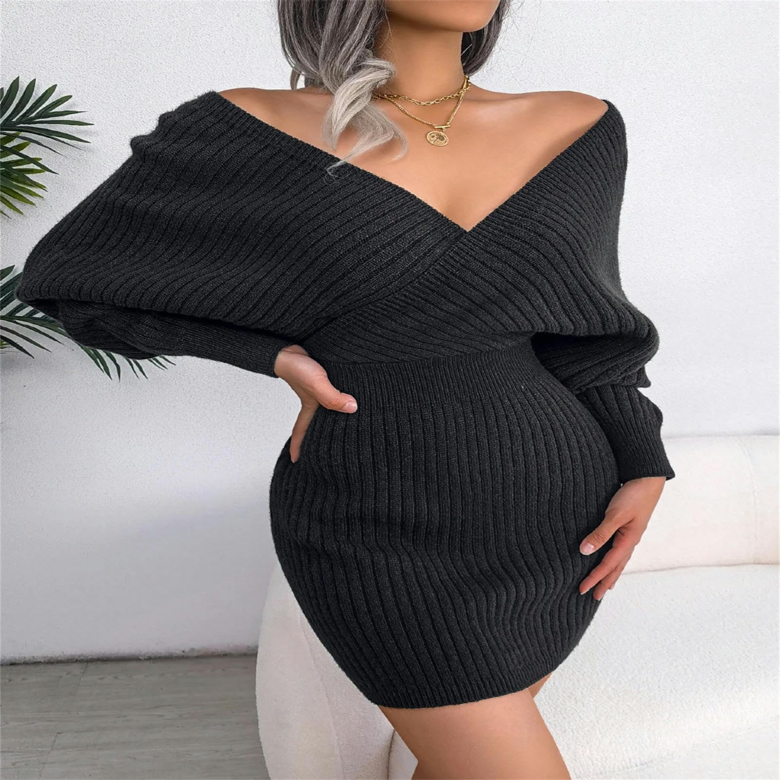 MdybF Damska sukienka jesienna, bodycon, swetrowa sukienka dla kobiet, na jesień, zimę, do noszenia na co dzień, z długim rękawem