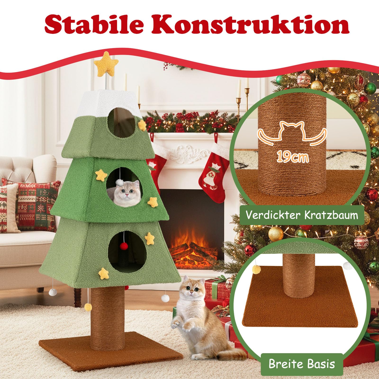 GYMAX 162 cm Kratzbaum Weihnachten, mehrstöckiger Katzenbaum mit oberem Stern, 3 Kuschelhöhlen, Sisal-Kratzmatte & hängendes Spielzeug, 3-stöckiges Katzenmöbel für Kätzchen