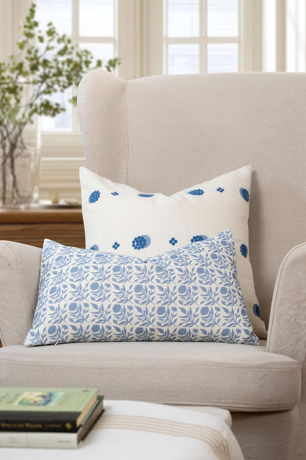 Crumbs Home California Casual Coastal Indoor Outdoor Throw Pillow Cover, 20"x20" Water Repellent for Patio, Backyard, Couch, Poolside, Blue Ivory Cream Embroidered Striped Dots