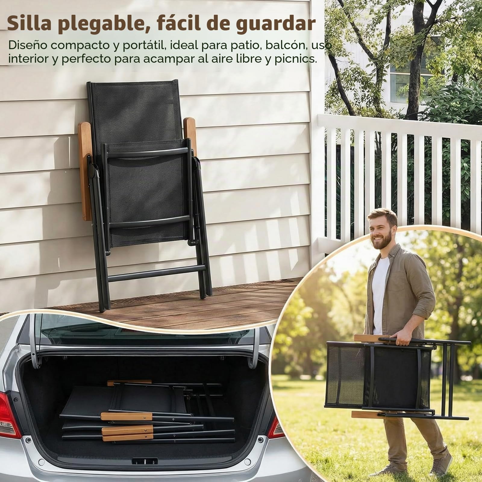 LIFERUN Juego de muebles de jardín de aluminio y WPC, 3 piezas para balcón, 2 sillas plegables y resistentes, 1 mesa de jardín con respaldo alto