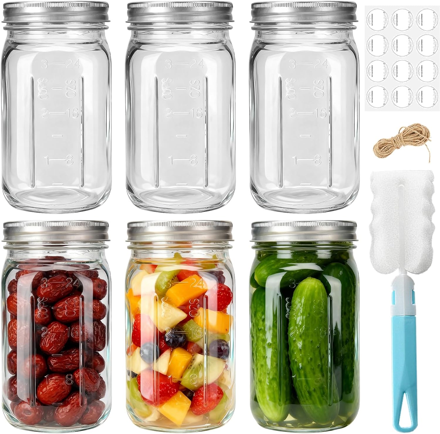 Wide Mouth Mason Jars 32 oz with Lids 6 Pack,Clear Glass Jars for food Storage, Canning, Pickling, Dry Goods,Snacks, Candies