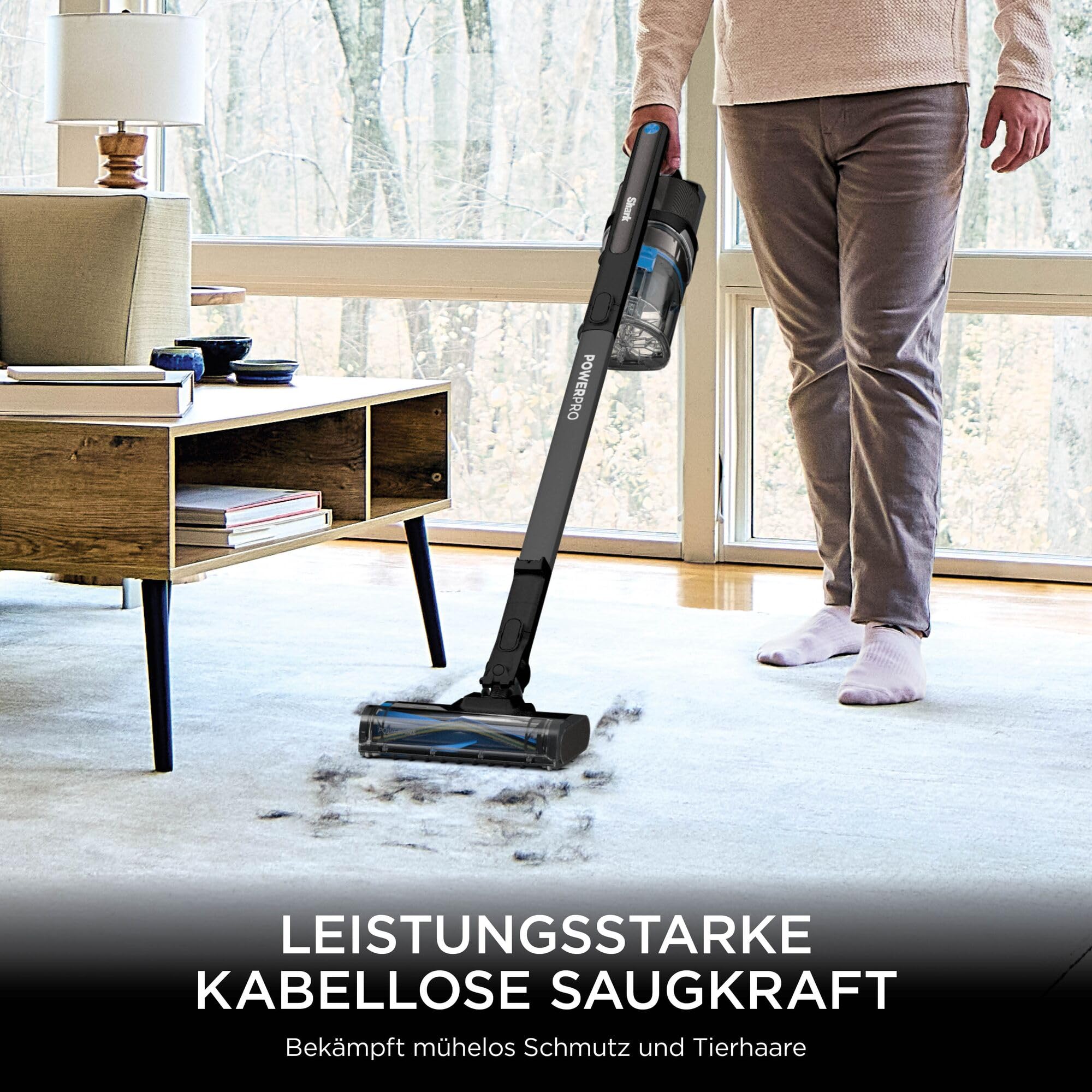 Shark PowerPro Akku-Staubsauger freistehend, bis 50 Min. Laufzeit, kabellos, beutellos, für Tierhaare, Allergiker, Teppich und Hartböden, mit LED-Licht und Knickgelenk-Rohr, IZ370EU