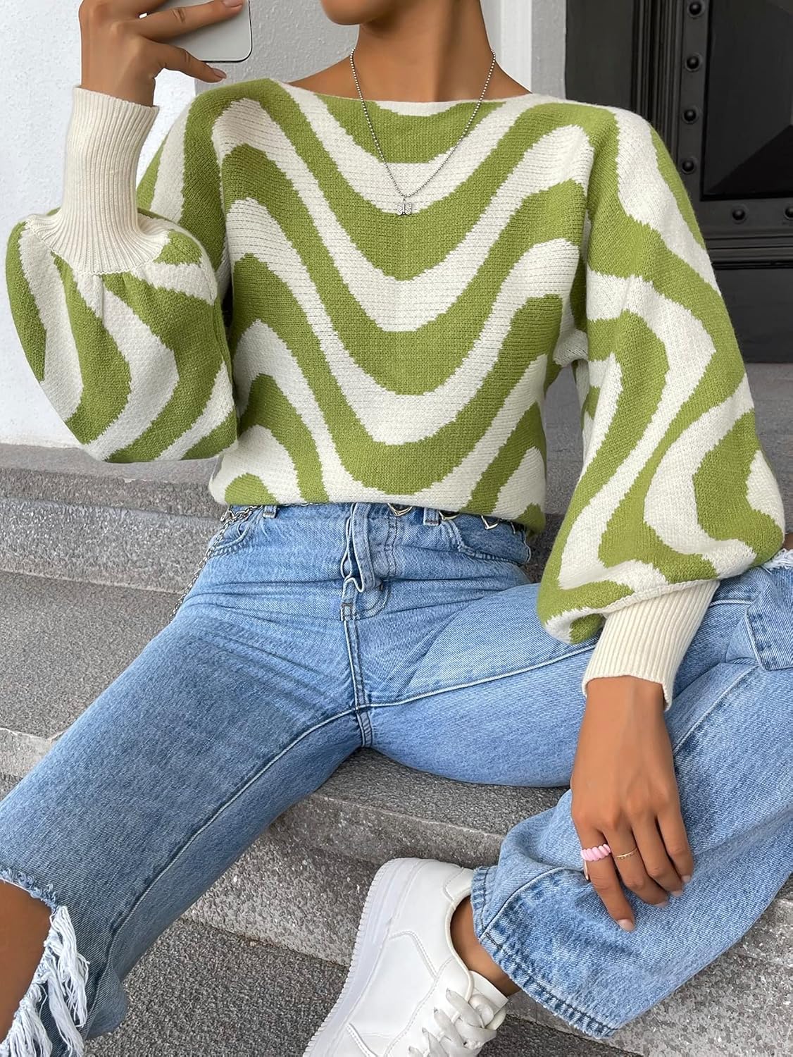 Women's Sweater Wave Stripe Pattern Lantern Sleeve Sweater Sweater for Women (Color : Multicolor, Size : Medium)