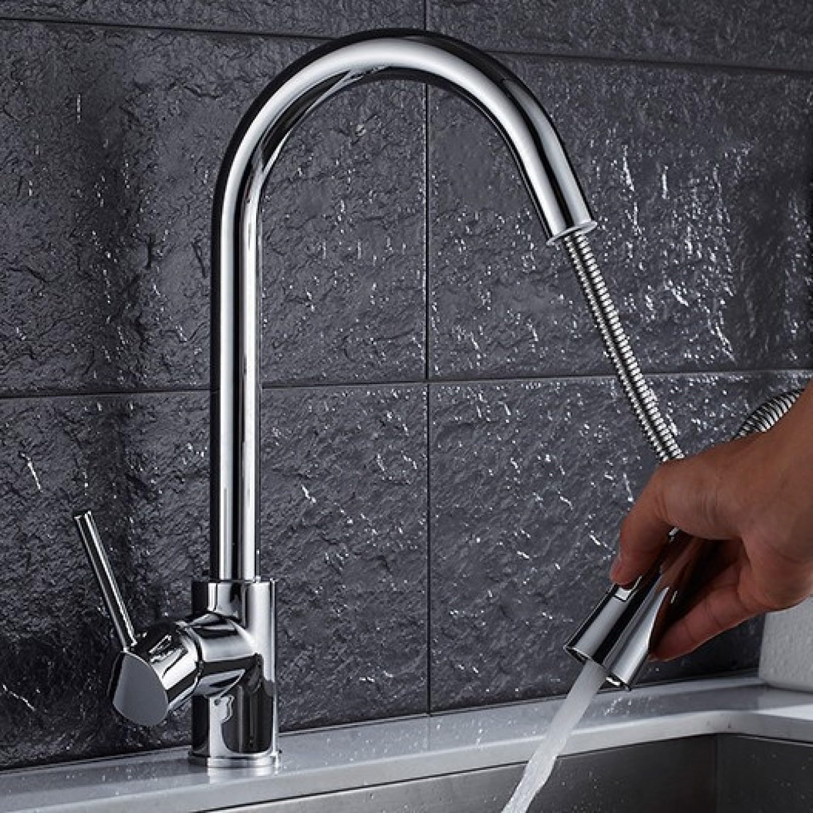 Fanjubei Silver Pull-Out Kitchen Sink Hot And Cold Water Faucet