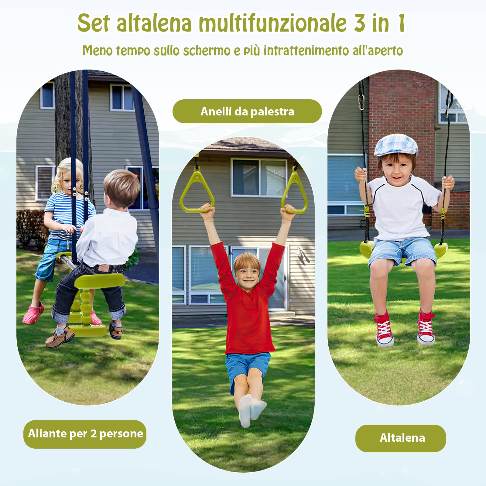 COSTWAY Set Altalene da Giardino per Bambini, Altalena 3 in 1 con Supporto in Metallo, Altalena a Doppio, Anelli da Ginnastica, Capacità 150 kg, per Esterno, 3-10 Anni, 278 x 142 x 177cm