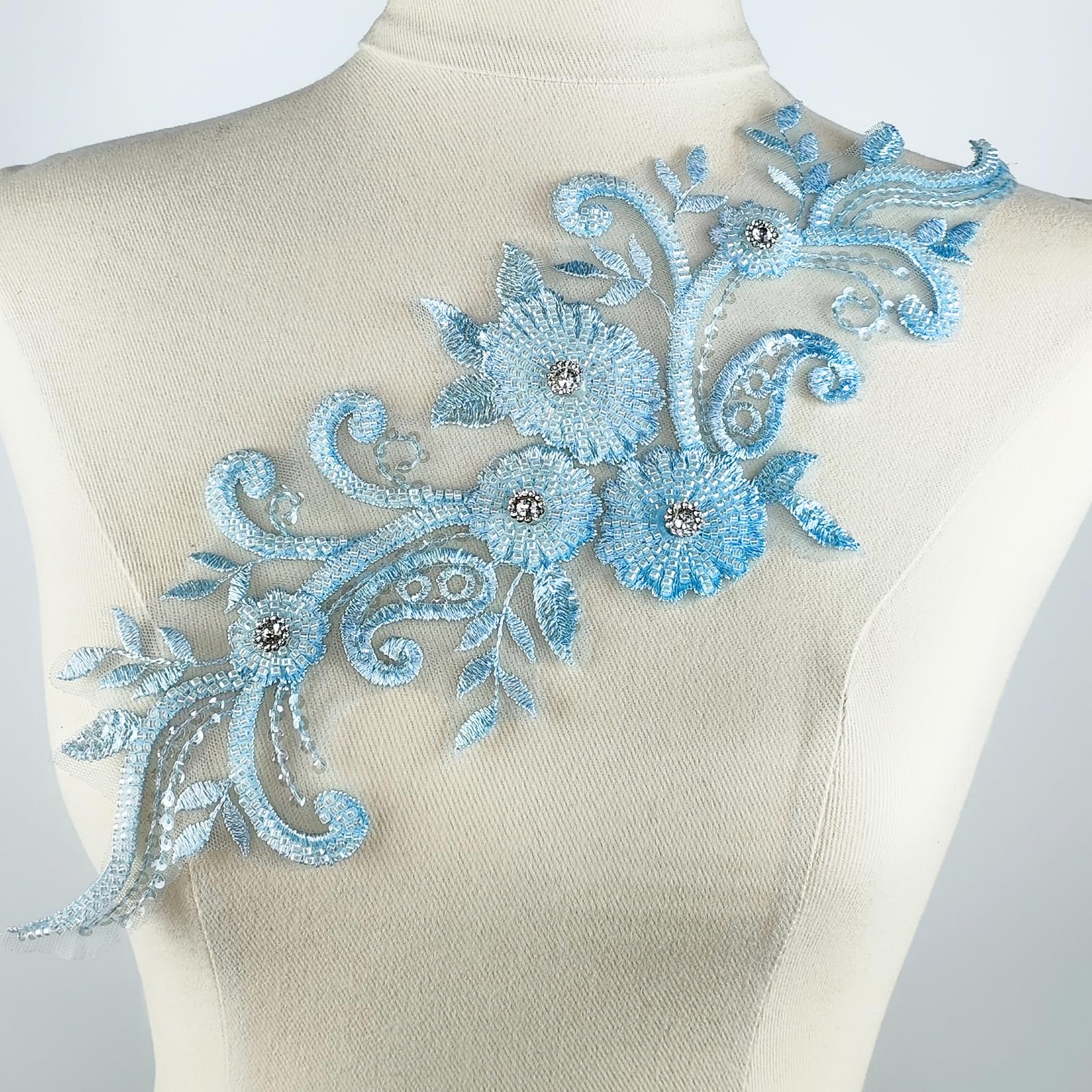 YOOGCORETT 1PC Light Blue 3D Applique Flowers Lace Patch Sew on Embroidery Beaded Rhinestone Lace Trim Applique for DIY Sewing Clothing Wedding Dress Handmade Decor 14.5"x 4.3"Inch — image 1