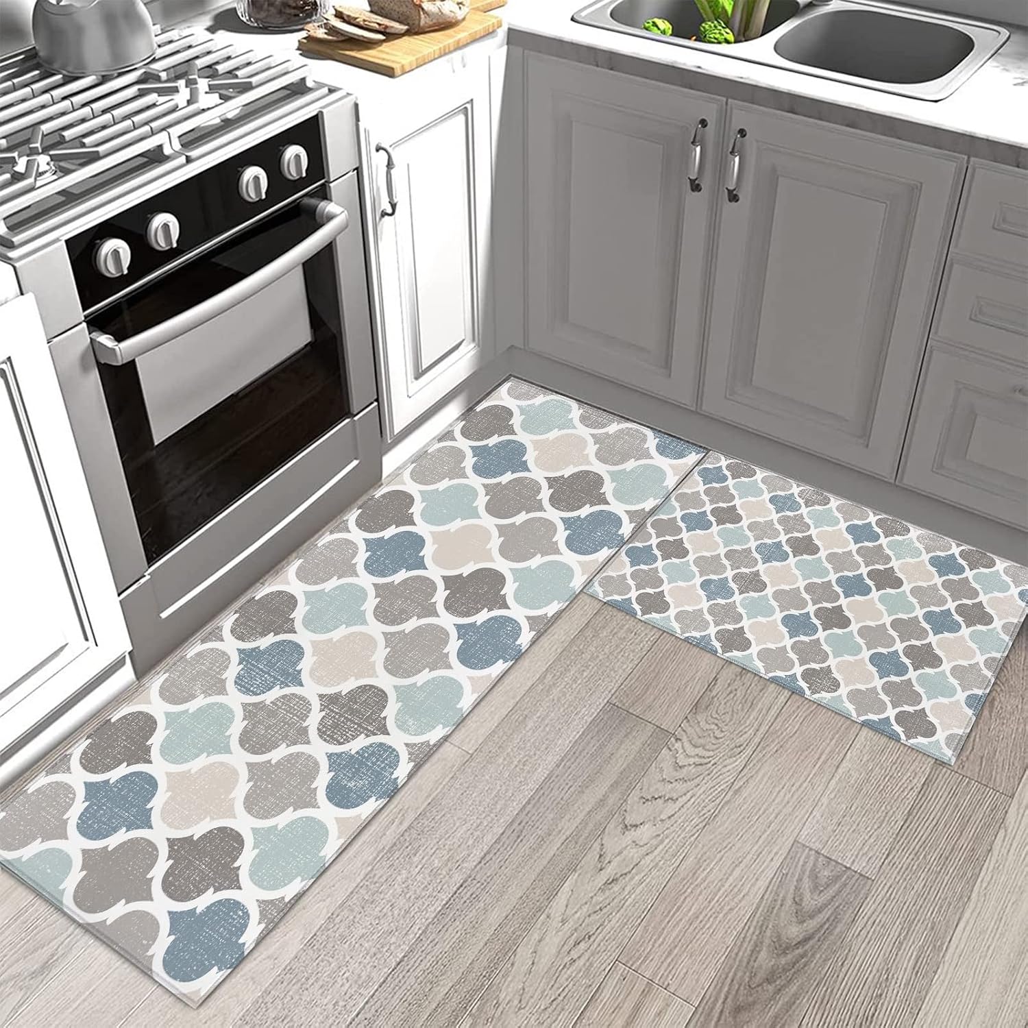 Kitchen Rugs and Mats Set,Moroccan Geometric Quatrefoil Plaid 2 Pieces Non Slip Cushioned Rug Floor Mat Blue Grey Tile Lattice on Linen Absorbent Area Runner Comfort Standing Mats for Sink Bathroom