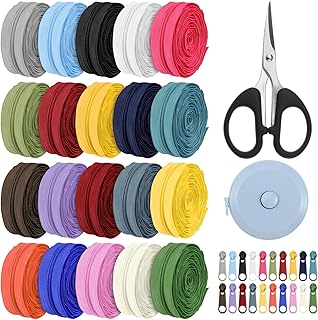 60 Yards 20 Colors #3 Coil Zippers with 200 Colorful Pulls, 1 Scissor, 1 Retractable Ruler, Continuous Zipper Tape, Colorful Coil Zipper by The Yard for DIY Sewing Crafts Clothes Bag Purse Making