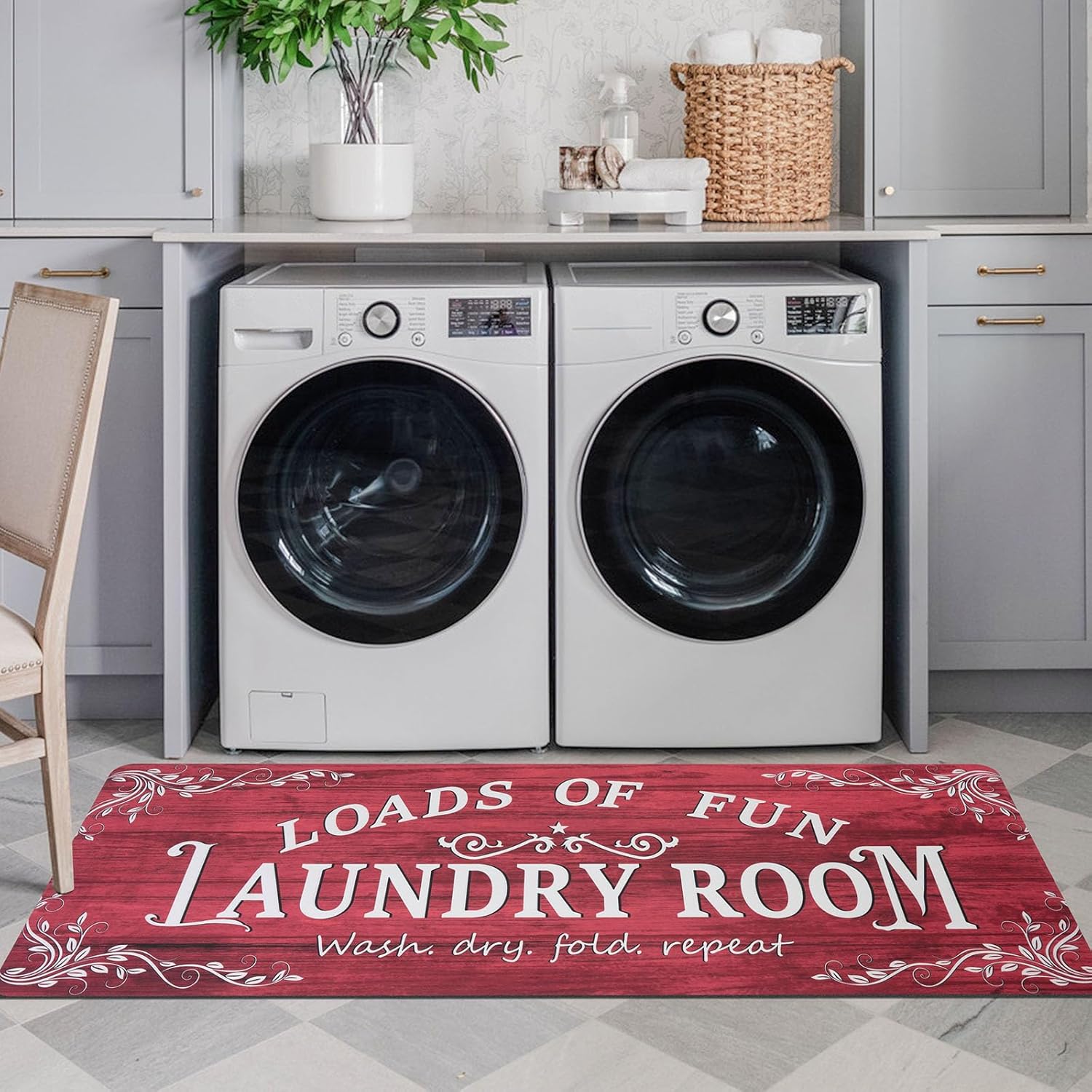Lansny Laundry Room Rug Runner 20"x60" Non Slip Waterproof Laundry Mats for Laundry Room Decor Washable Floor Farmhouse Laundry Rug for Mudroom, Washroom, Bathroom, Red