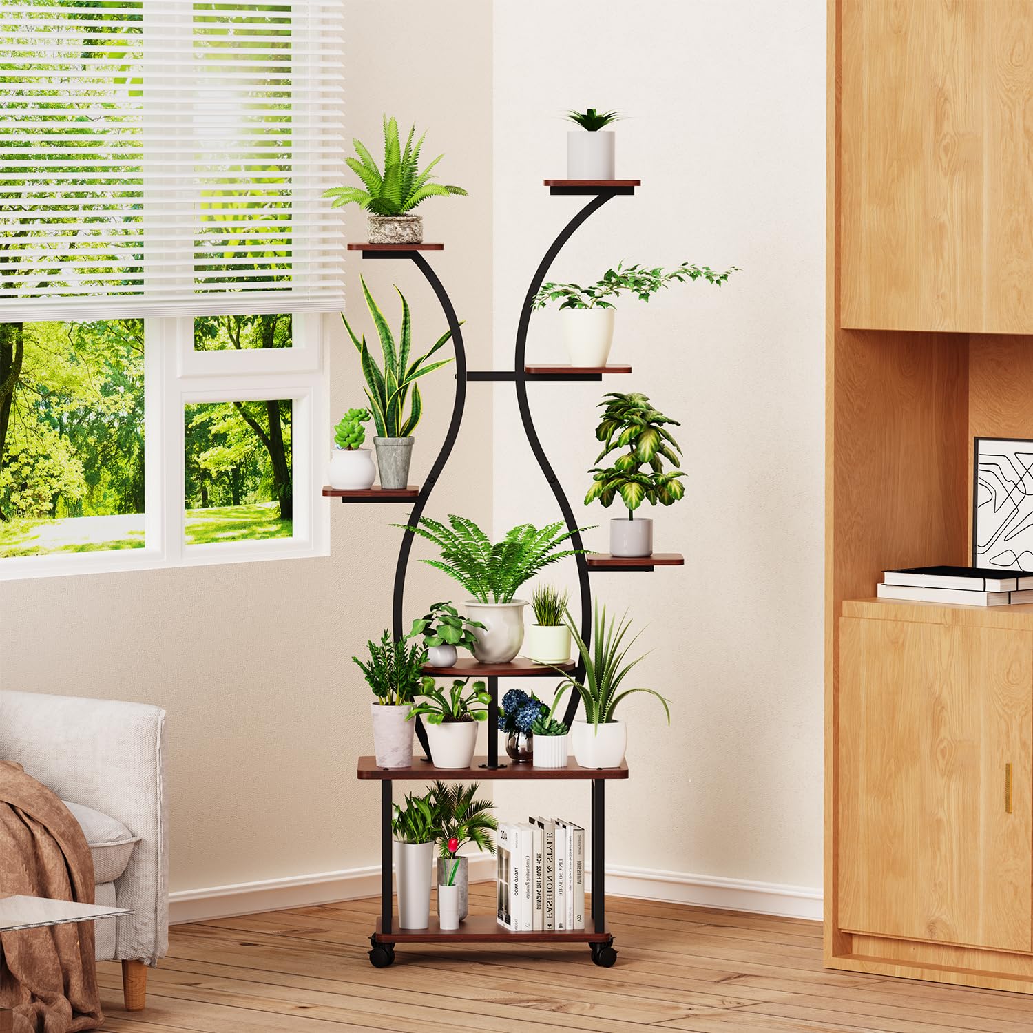Pflanzenständer mit Vollspektrum-Pflanzenlicht - 8 Ebenen Blumenregal 155cm aus Metall & Holz - Dekorativer Blumentreppe für Innen & Außen, Balkon und Garten (mit Rollen)