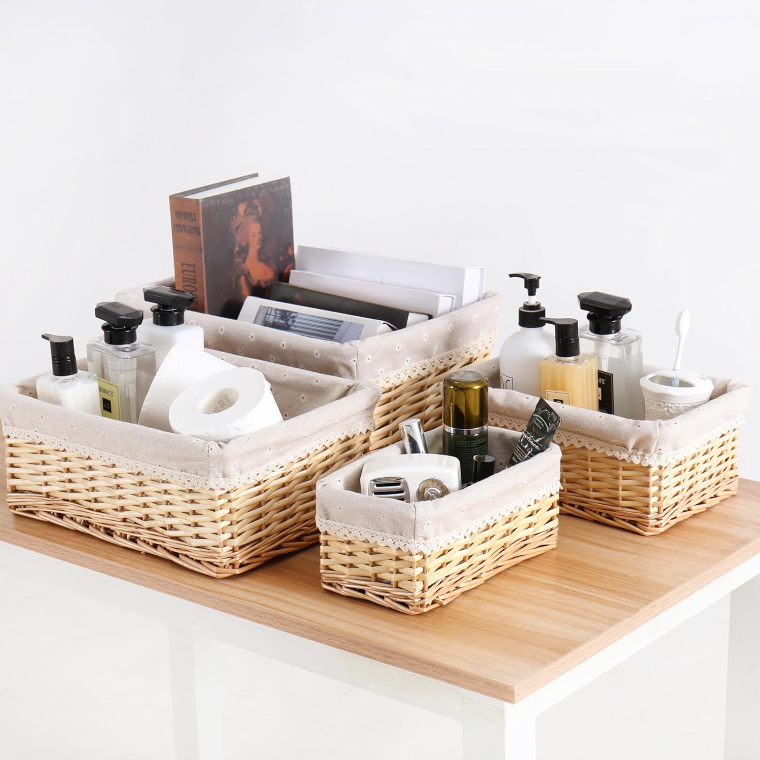 Handcrafted Shelf Basket, Handwoven Wicker Basket, for Storage & Organizing, Natural Willow Materials with Cotton Lining, Rectangular, 1 Pack, Extra Large