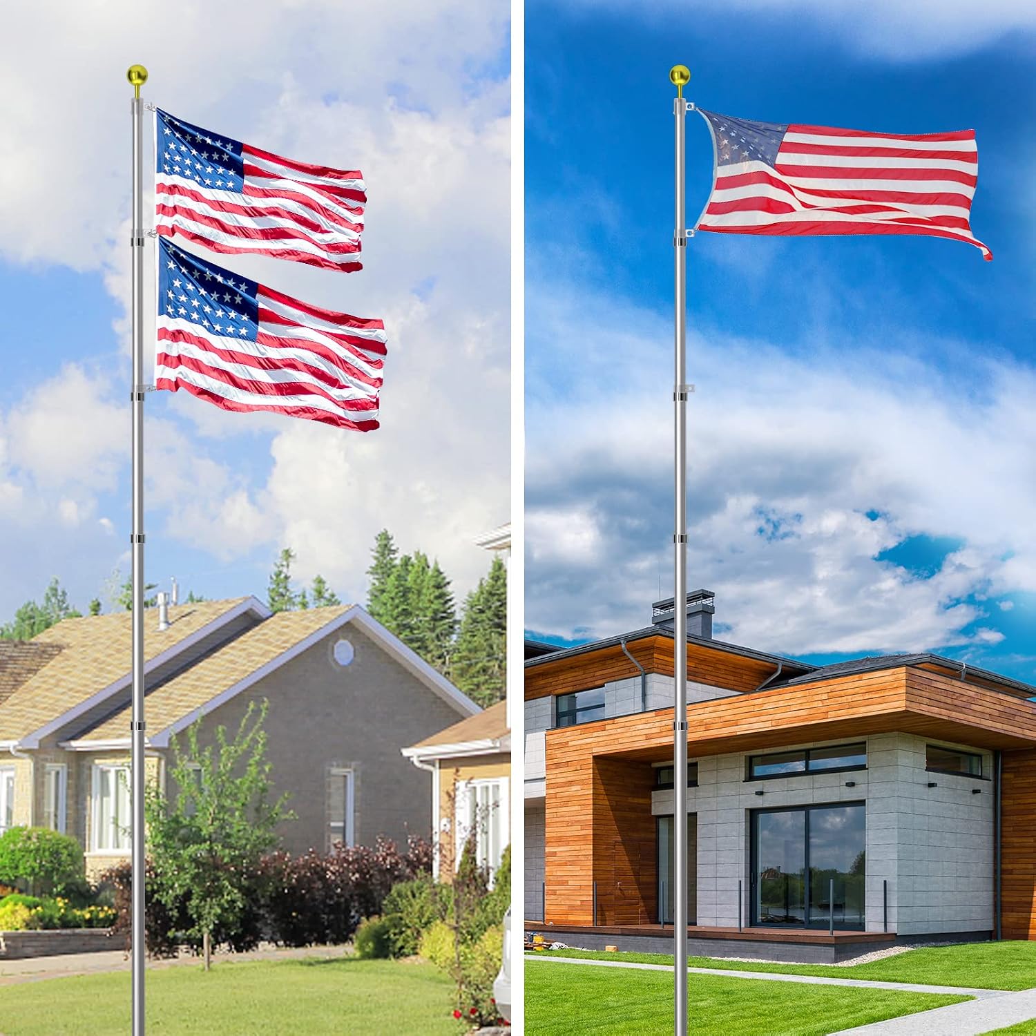 Flag Pole for Outside In Ground - 20FT Telescoping Flagpole Kit Silver Heavy Duty Flagpole with 3x5 American Flag for House Yard Commercial Residential