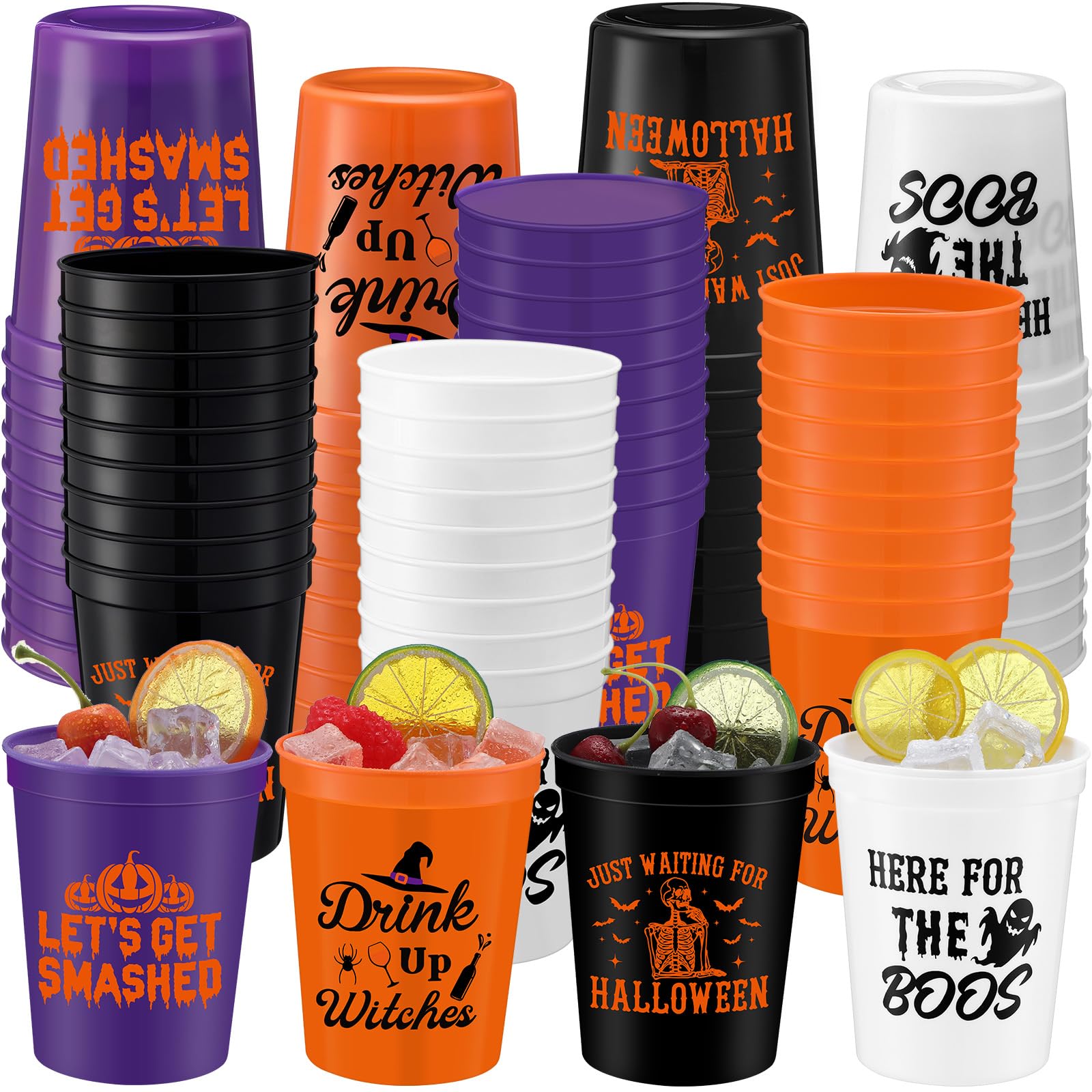 Nuenen Lot de 72 gobelets en plastique colorés réutilisables pour Halloween, 473 ml, avec citrouille, fantôme, chapeau de sorcière, tête de mort, pour bière, boissons, Halloween, décoration de fête