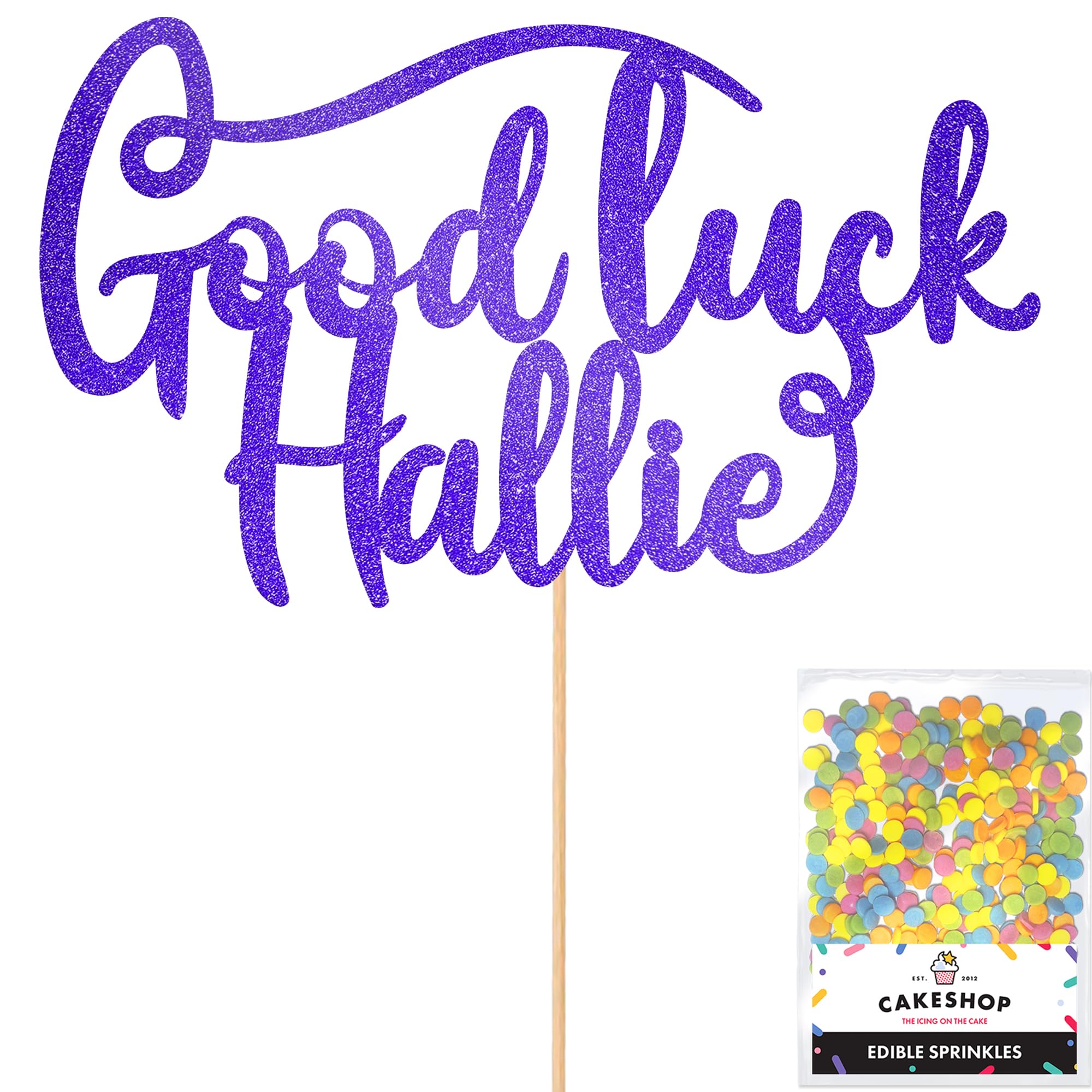 Cakeshop Personalised Good Luck Glitter Cake Topper With Sprinkles - Bright Blue Custom Colour - Any Name - Double-Sided Glitter Card Cake Decoration - Custom Toppers for Cakes โ image 1