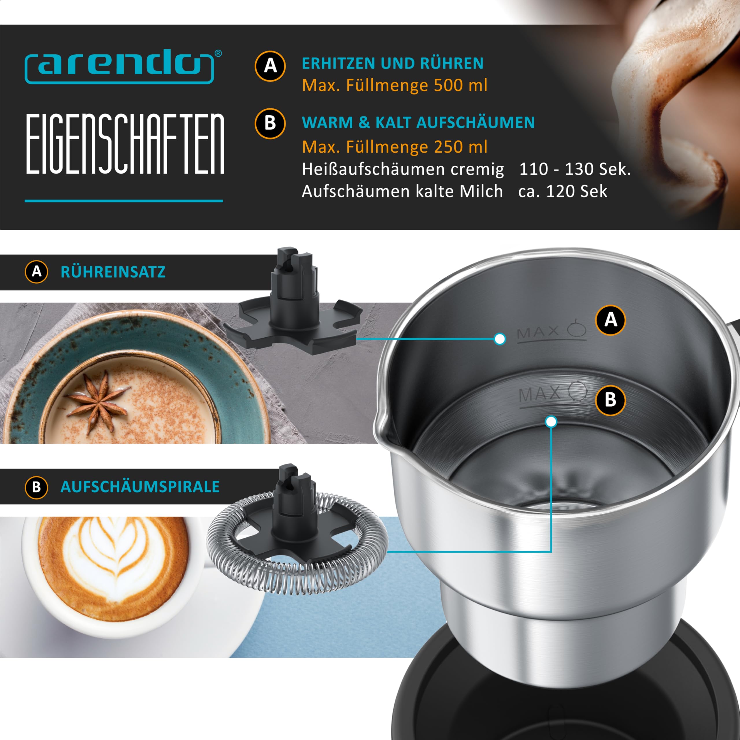 Arendo - Milchaufschäumer Induktion - elektrisch 500 W – 3 Programme – heiß und kalt aufschäumen – 250 ml Aufschäumen – 500 ml Erhitzen – Antihaftbeschichtung – Cappucino/Latte Macciato